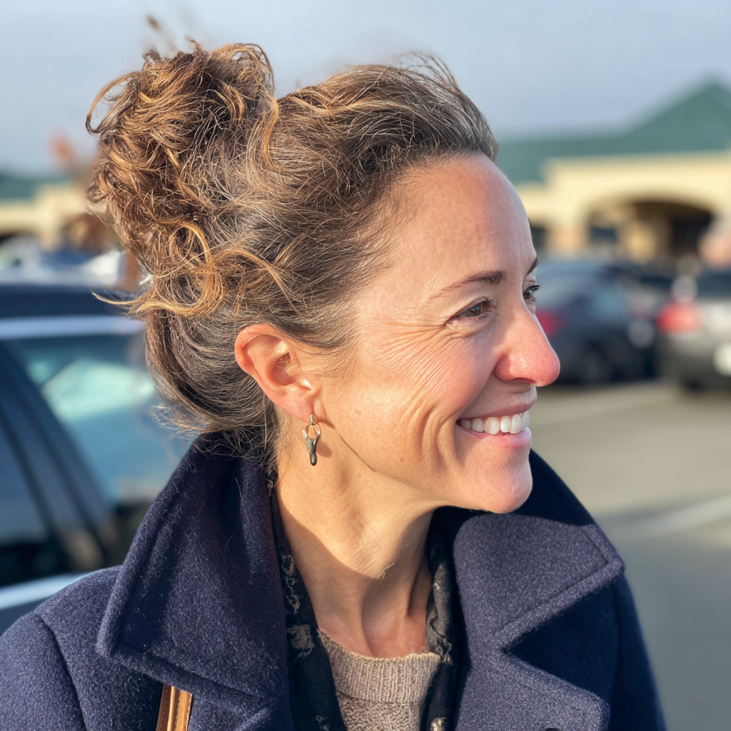 A smiling woman standing in a parking lot | Source: Midjourney