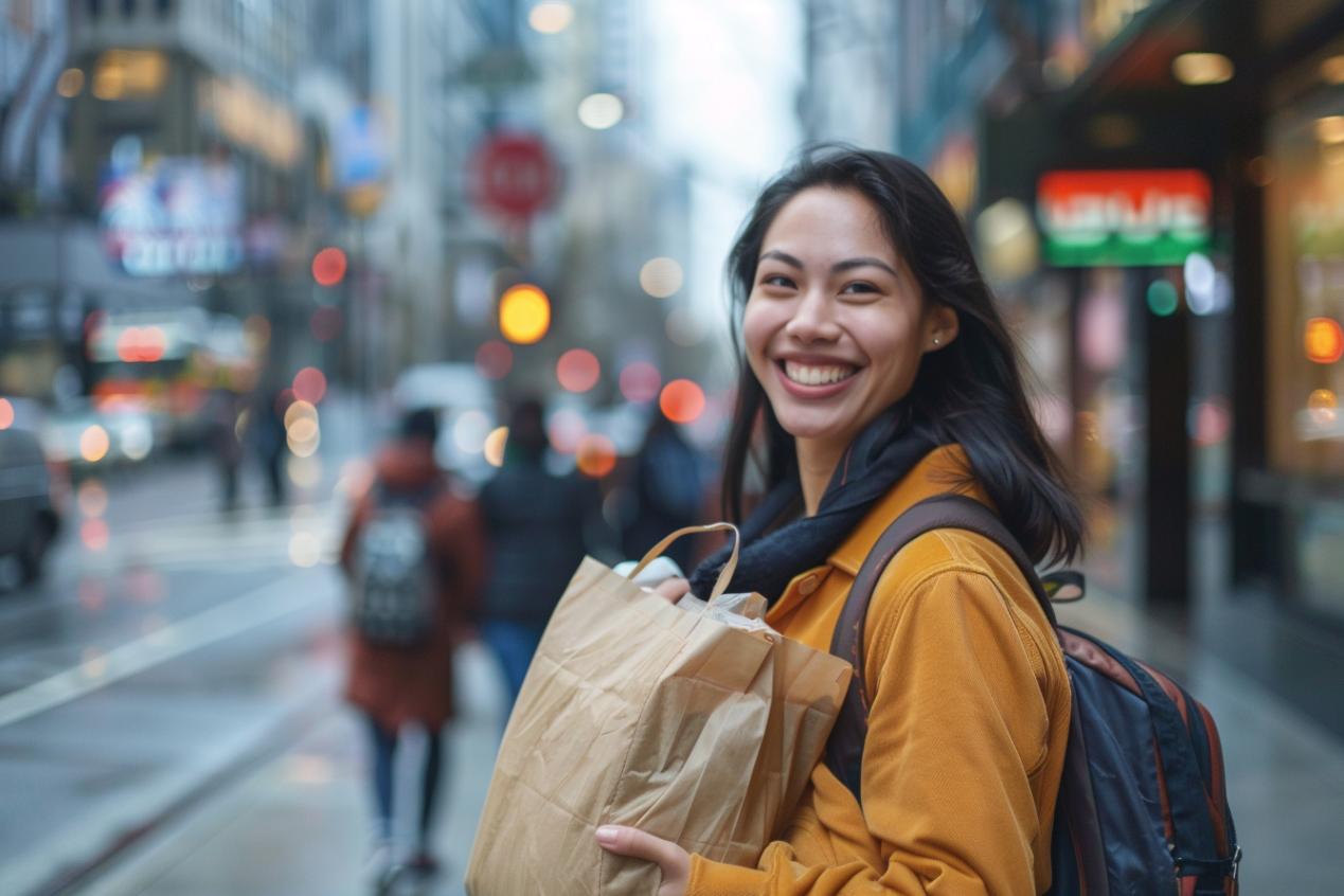 A woman standing on a city street holding a packed lunch | Source: MidJourney