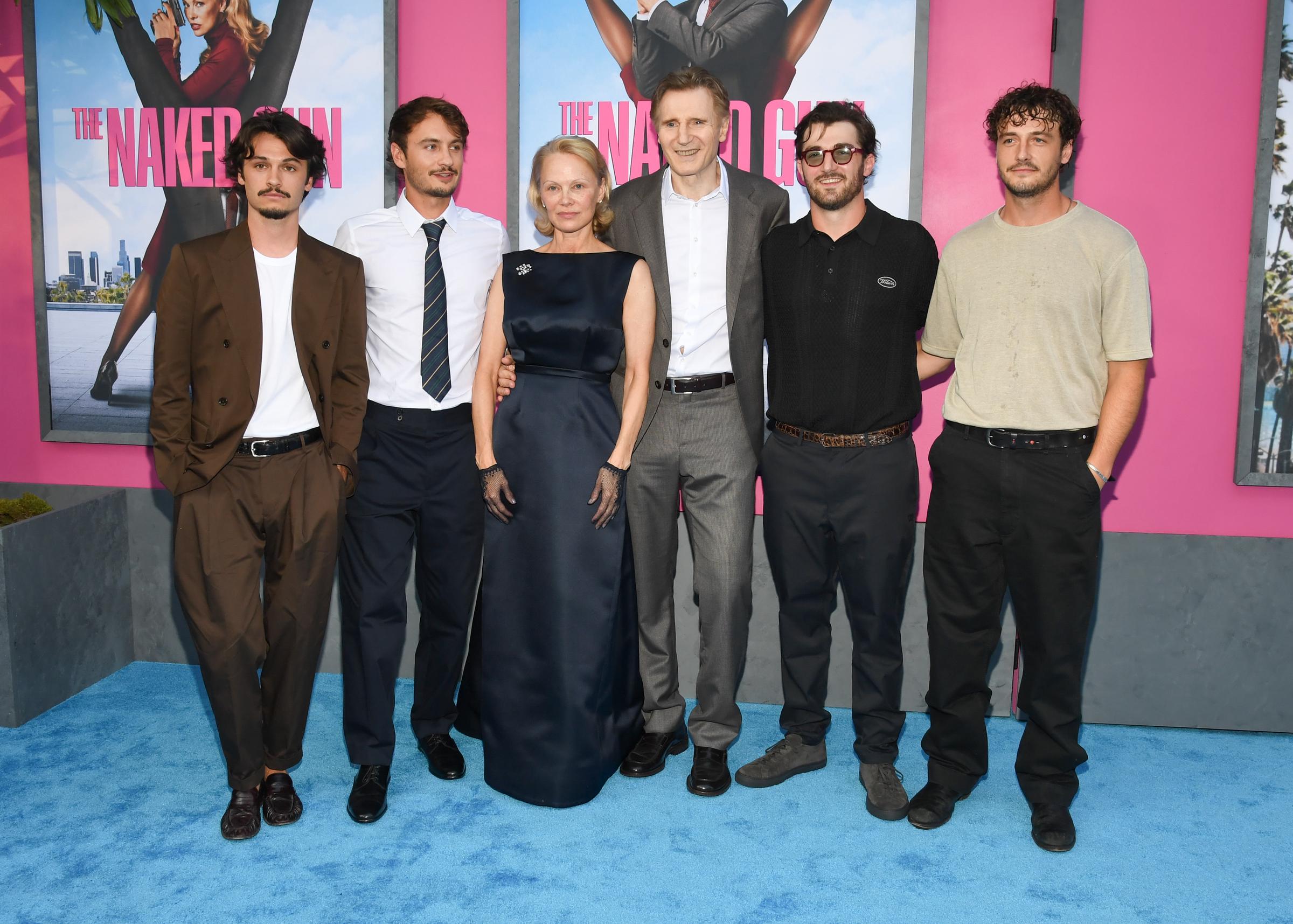 Dylan Jagger Lee, Brandon Thomas Lee, Pamela Anderson, Liam Neeson, Daniel Neeson, and Micheál Neeson attend "The Naked Gun" New York Premiere | Source: Getty Images