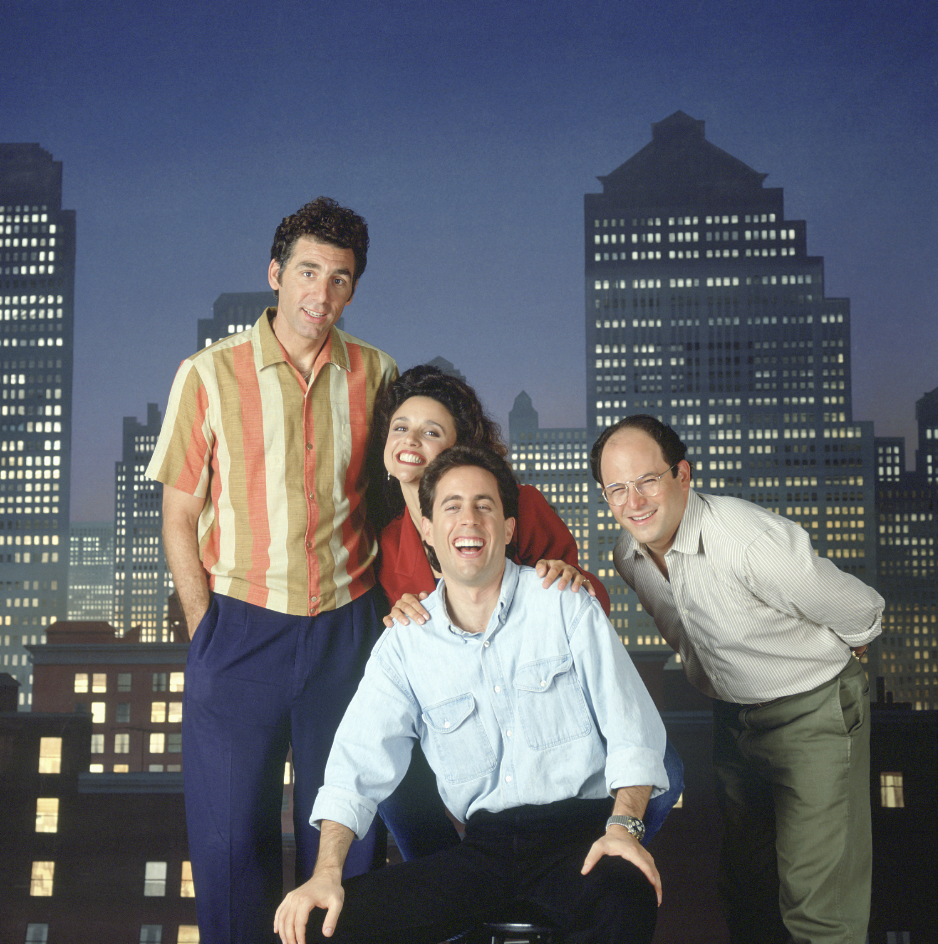 Michael Richards as Cosmo Kramer, Julia Louis-Dreyfus as Elaine Benes, Jerry Seinfeld as Jerry Seinfeld, and Jason Alexander as George Costanza on season 3 of "Seinfeld" in an undated photo | Source: Getty Images
