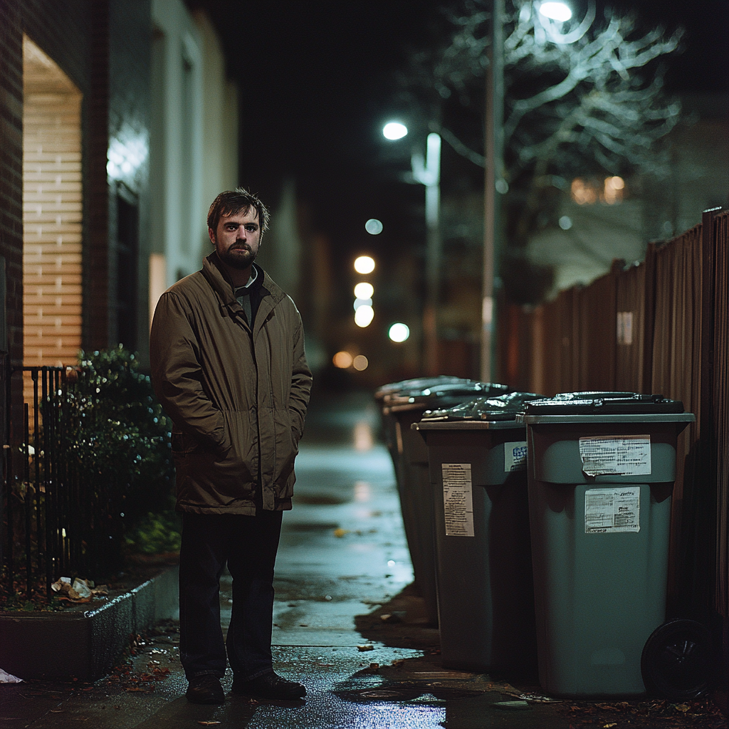 A man standing by the trash bins | Source: Midjourney