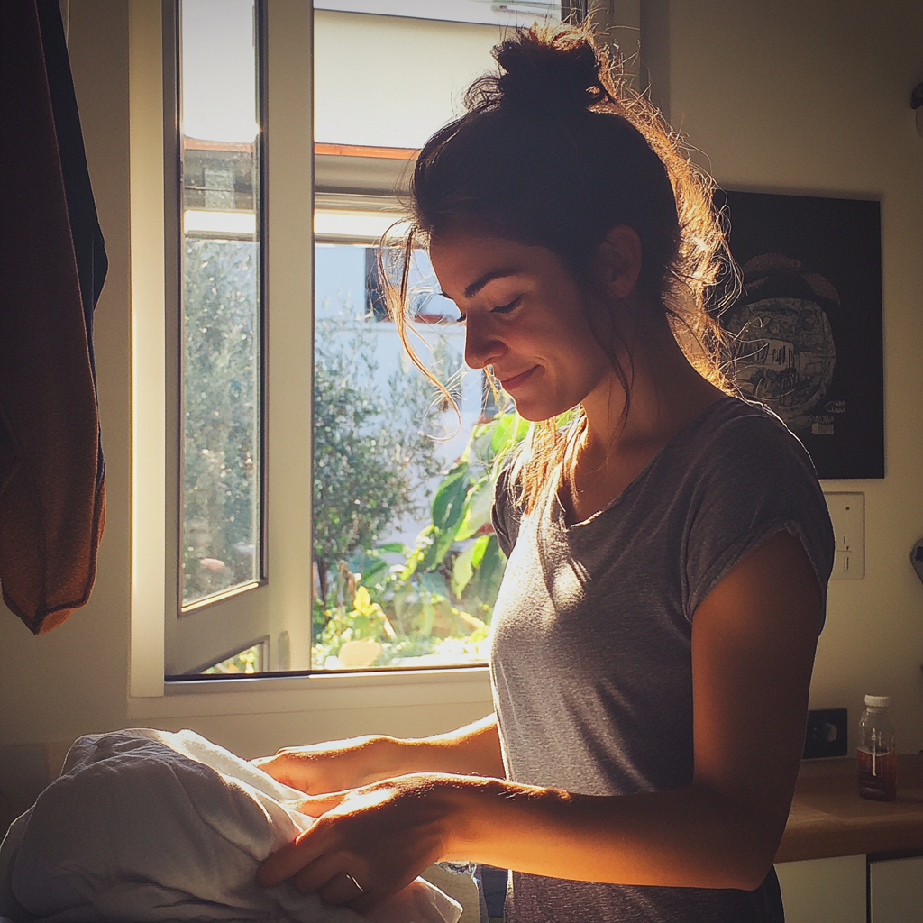 A woman folding laundry | Source: Midjourney