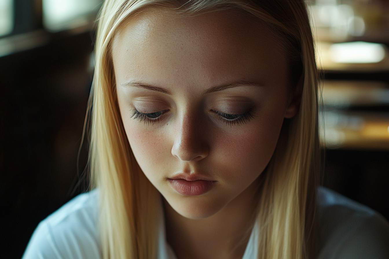 A woman in a restaurant, looking down | Source: Midjourney