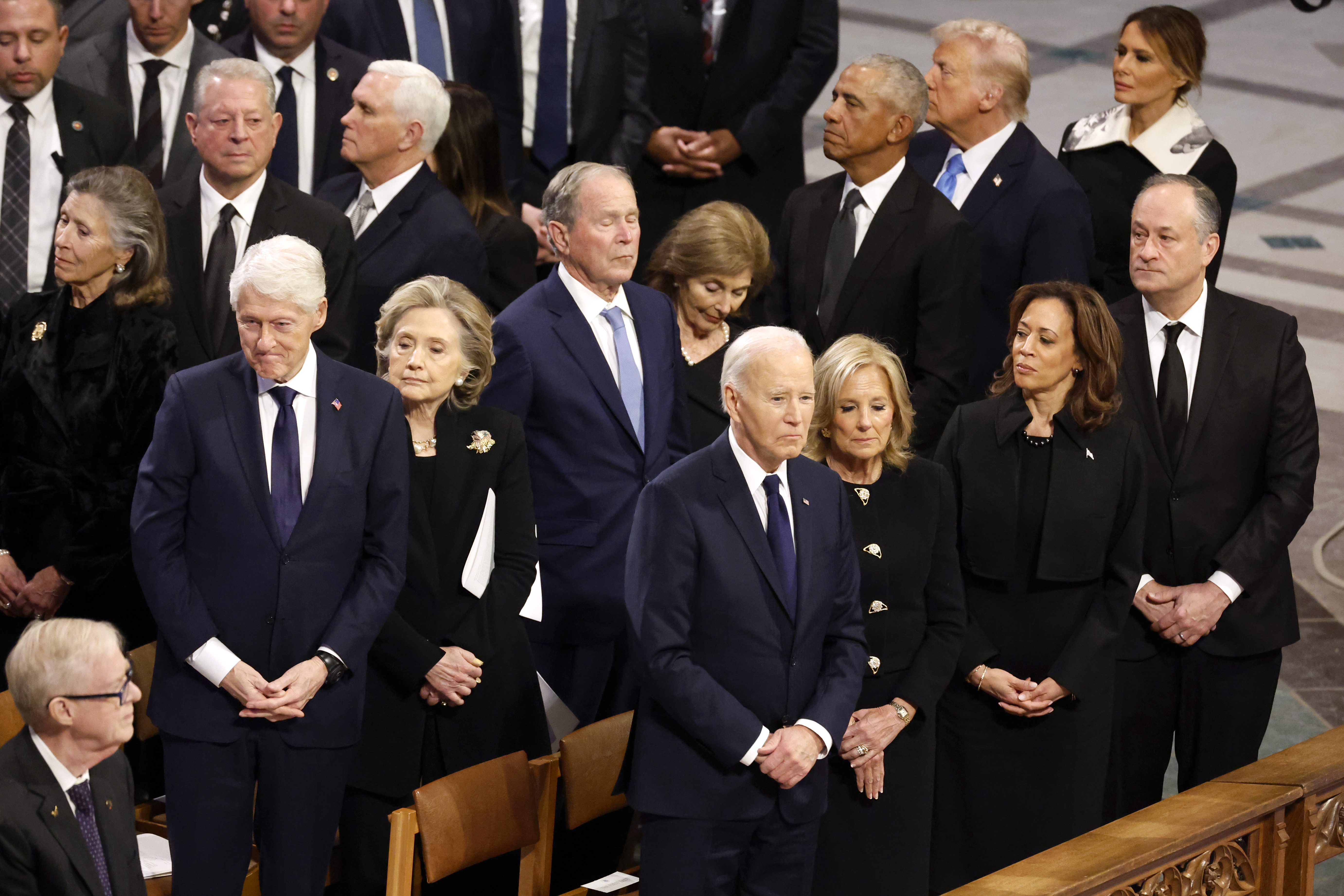 Presidents Joe Biden, Donald Trump, Barack Obama, George W. Bush, and Bill Clinton, along with their spouses and other leaders, attend Jimmy Carter's state funeral at Washington National Cathedral on January 9, 2025 | Source: Getty Images