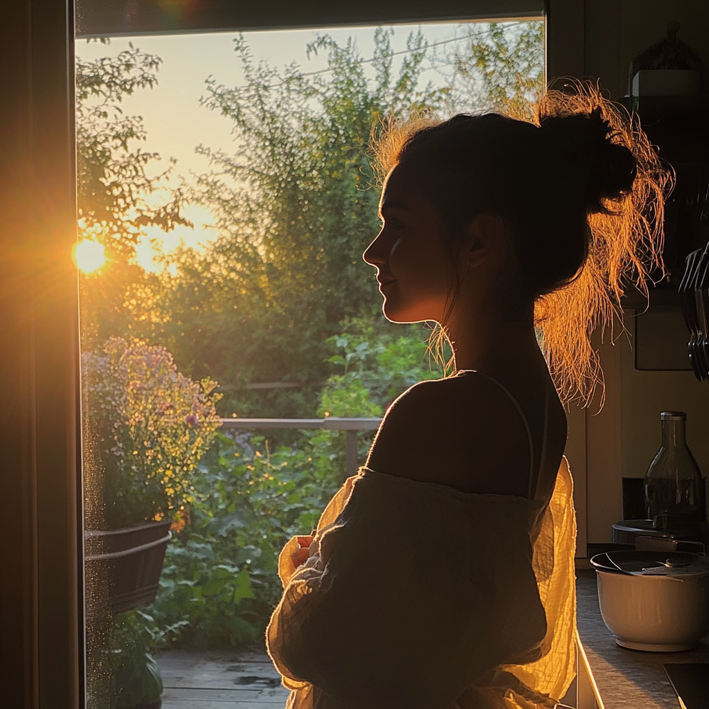 Woman standing in her kitchen enjoying sunset | Source: Midjourney