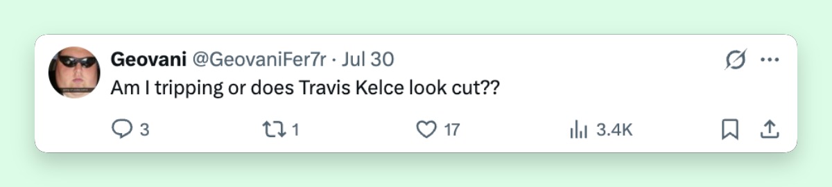 Social media users shared a range of reactions after new images and videos of Travis Kelce surfaced online. | Source: x/Chiefs