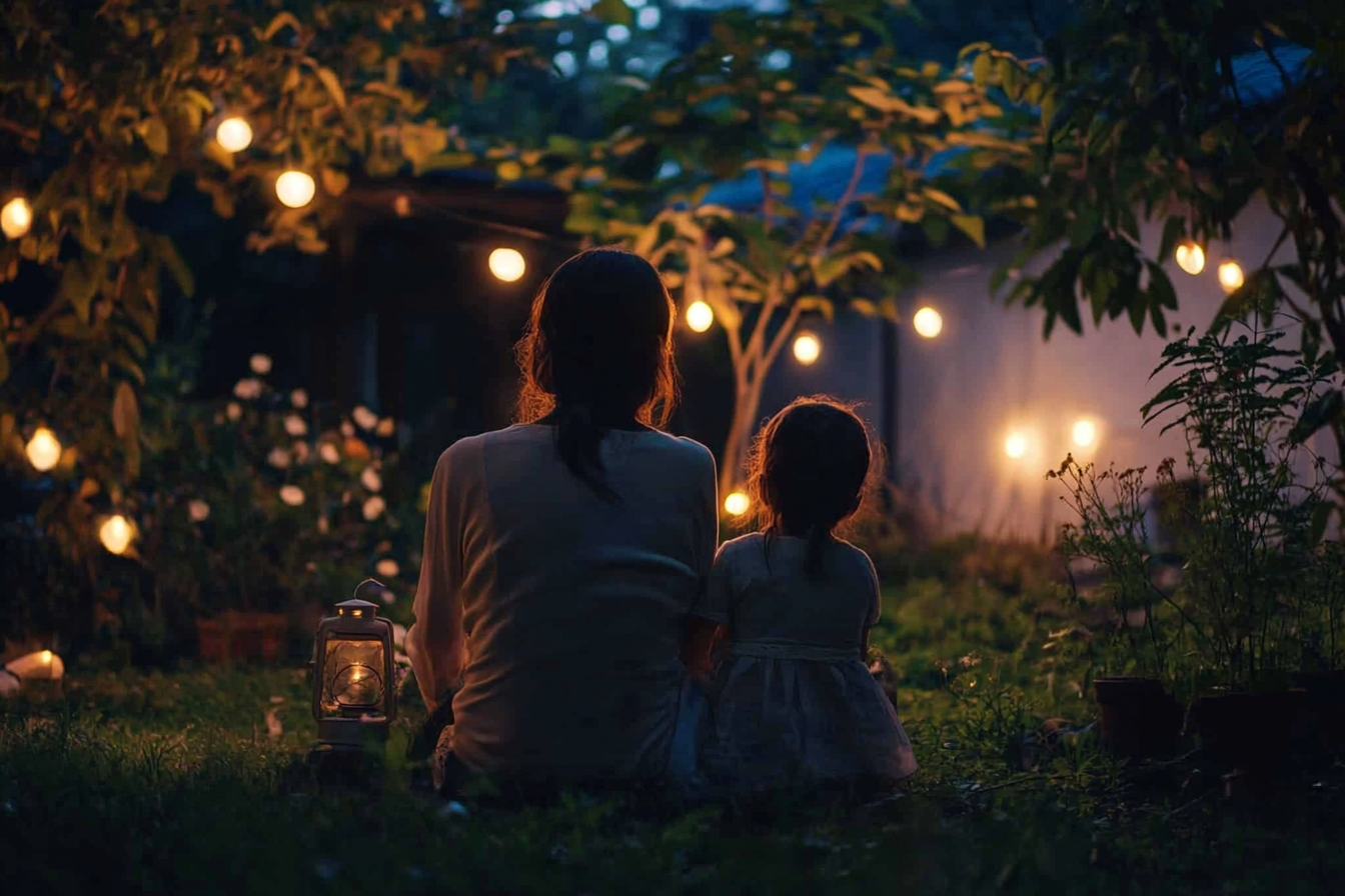 A woman sitting in the garden with her daughter | Source: Midjourney