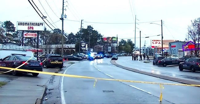 A photo of the crime scene of the Atlanta shooting being marked off with police tape | Photo:youtube.com/CBS News
