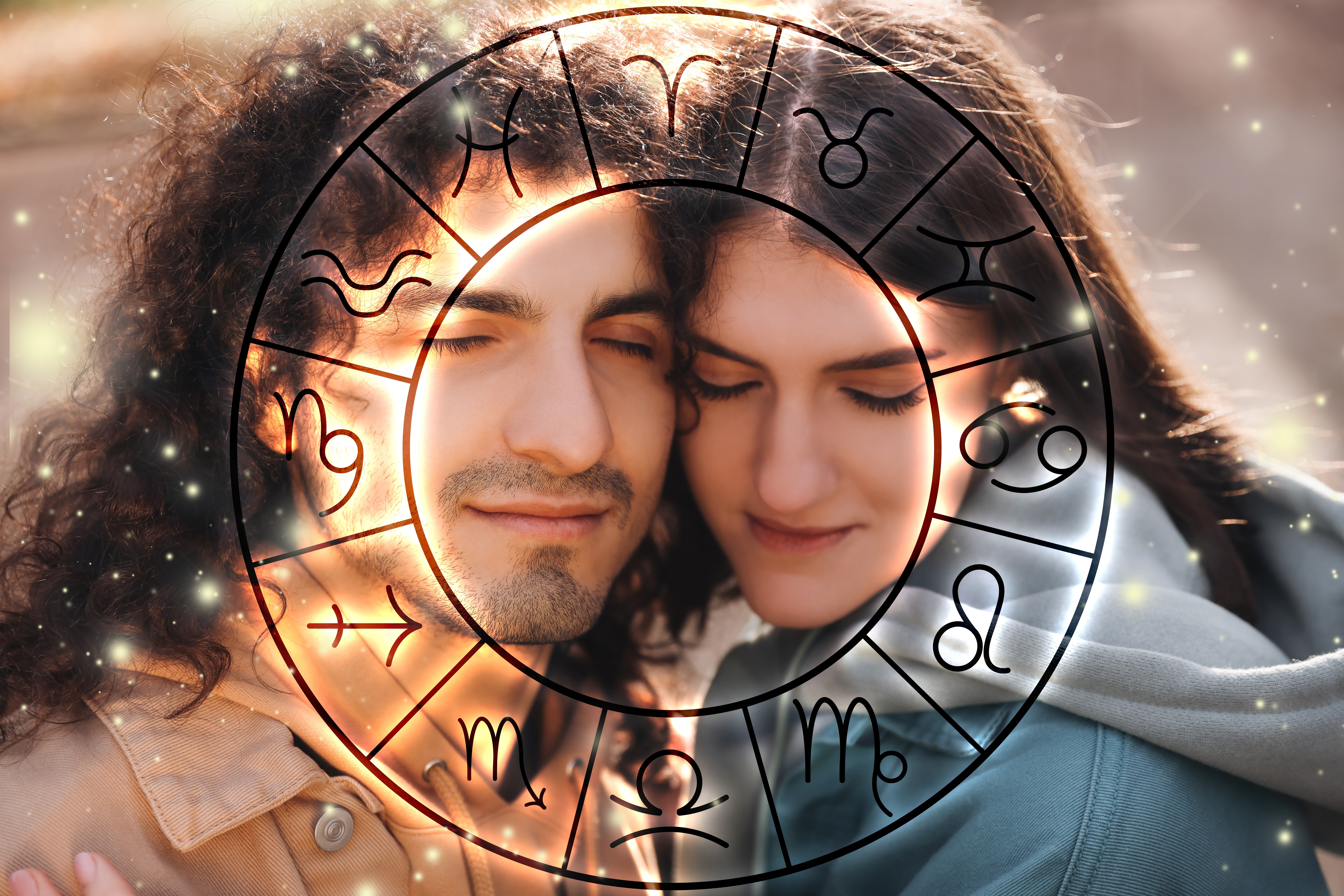 Loving couple outdoors and zodiac wheel. | Source: Shutterstock