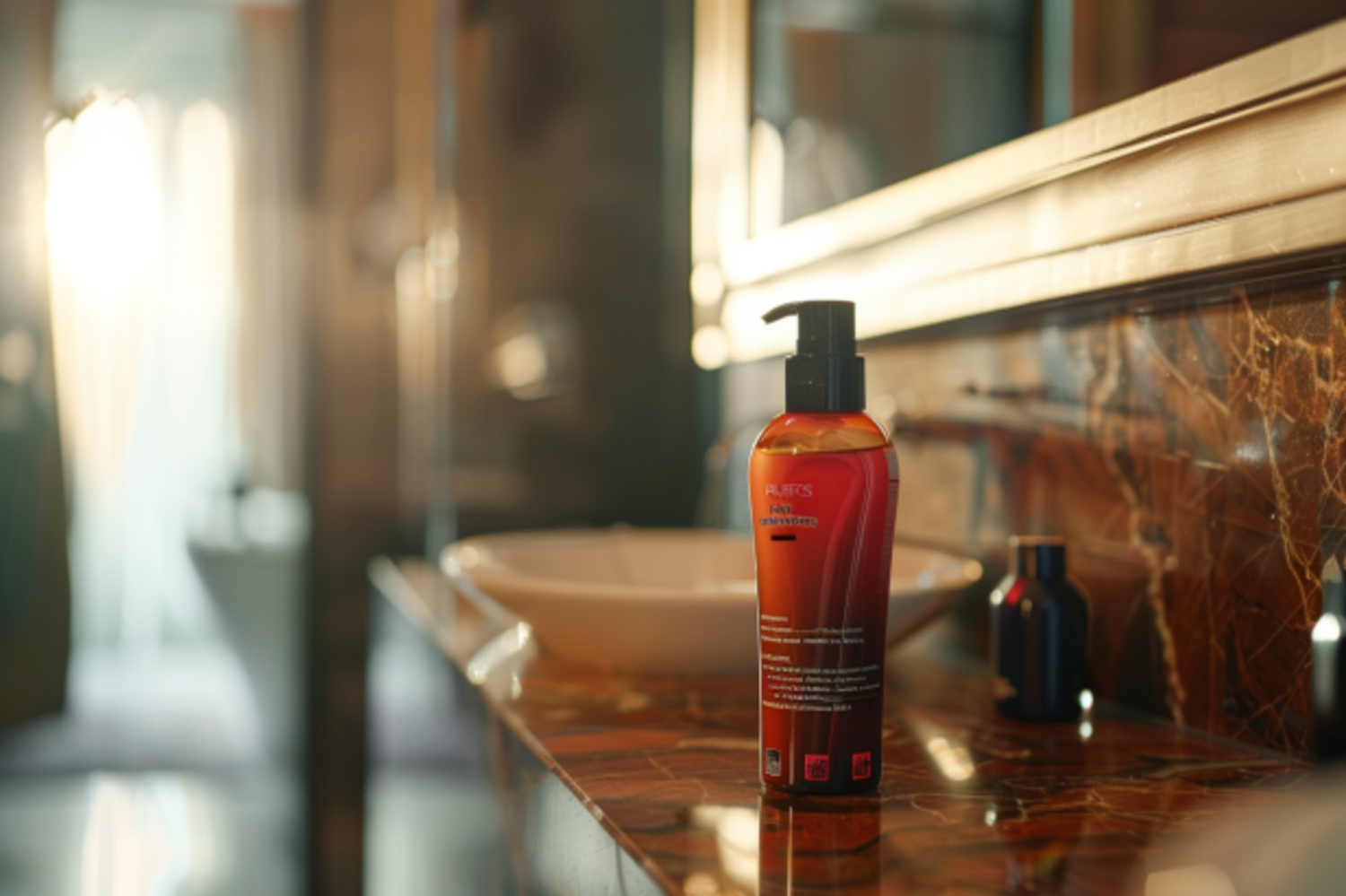 A bottle of haircare product in the bathroom | Source: Midjourney