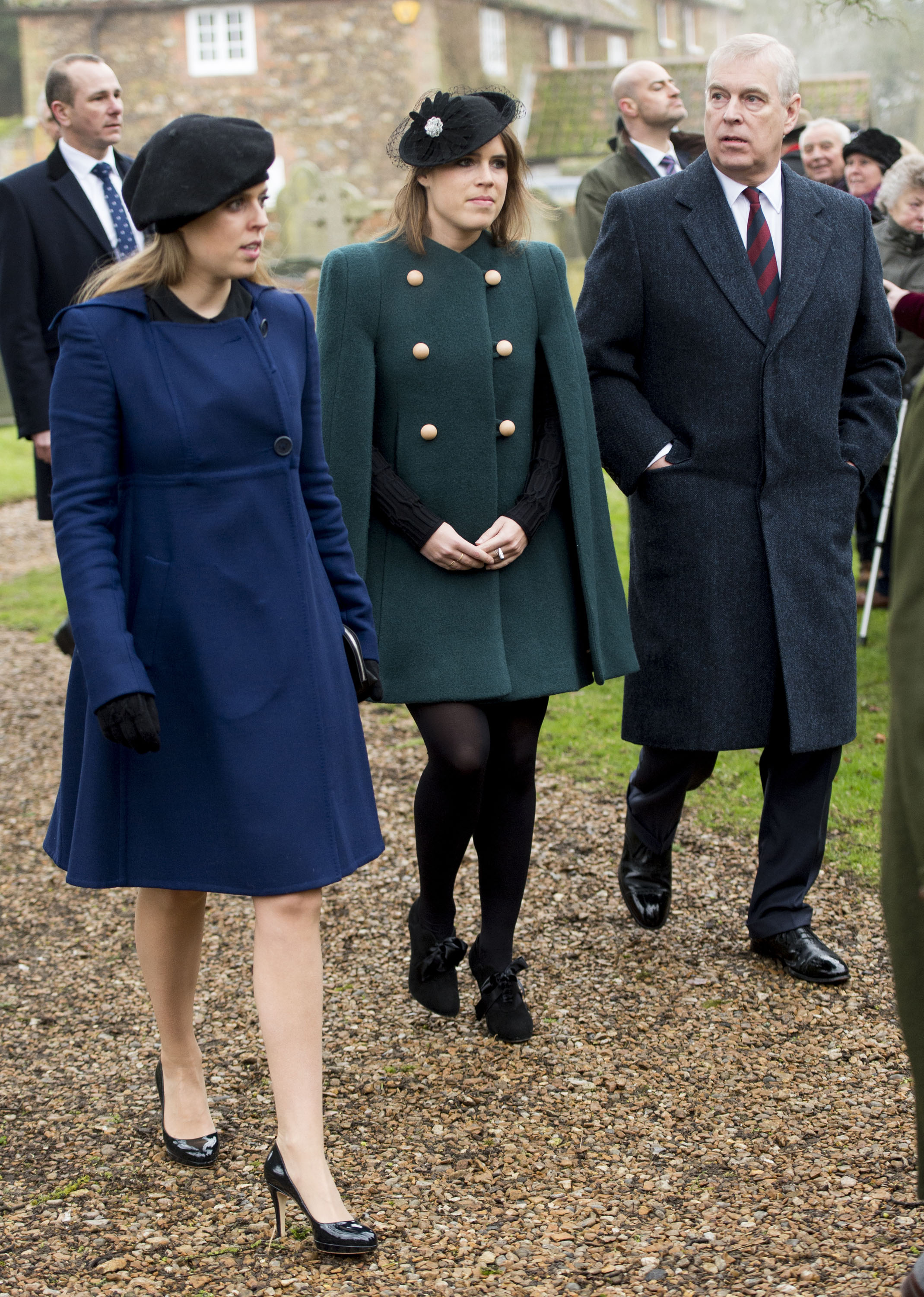 Princess Eugenie and Princess Beatrice with Andrew Mountbatten-Windsor arrive at St Lawrence Church on 21 January 2018 in Castle Rising, England. | Source: Getty Images