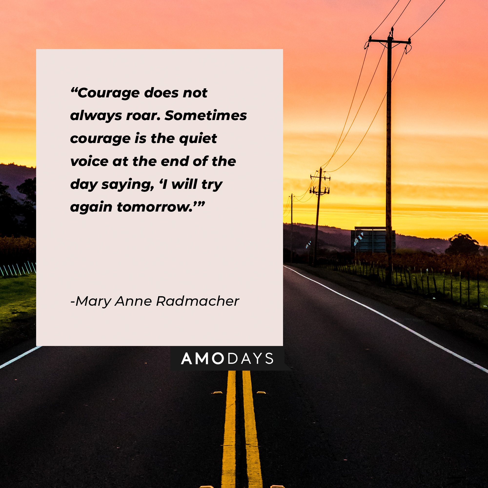 Mary Anne Radmacher’s quote: “Courage does not always roar. Sometimes courage is the quiet voice at the end of the day saying, 'I will try again tomorrow.’” | Image: AmoDays   