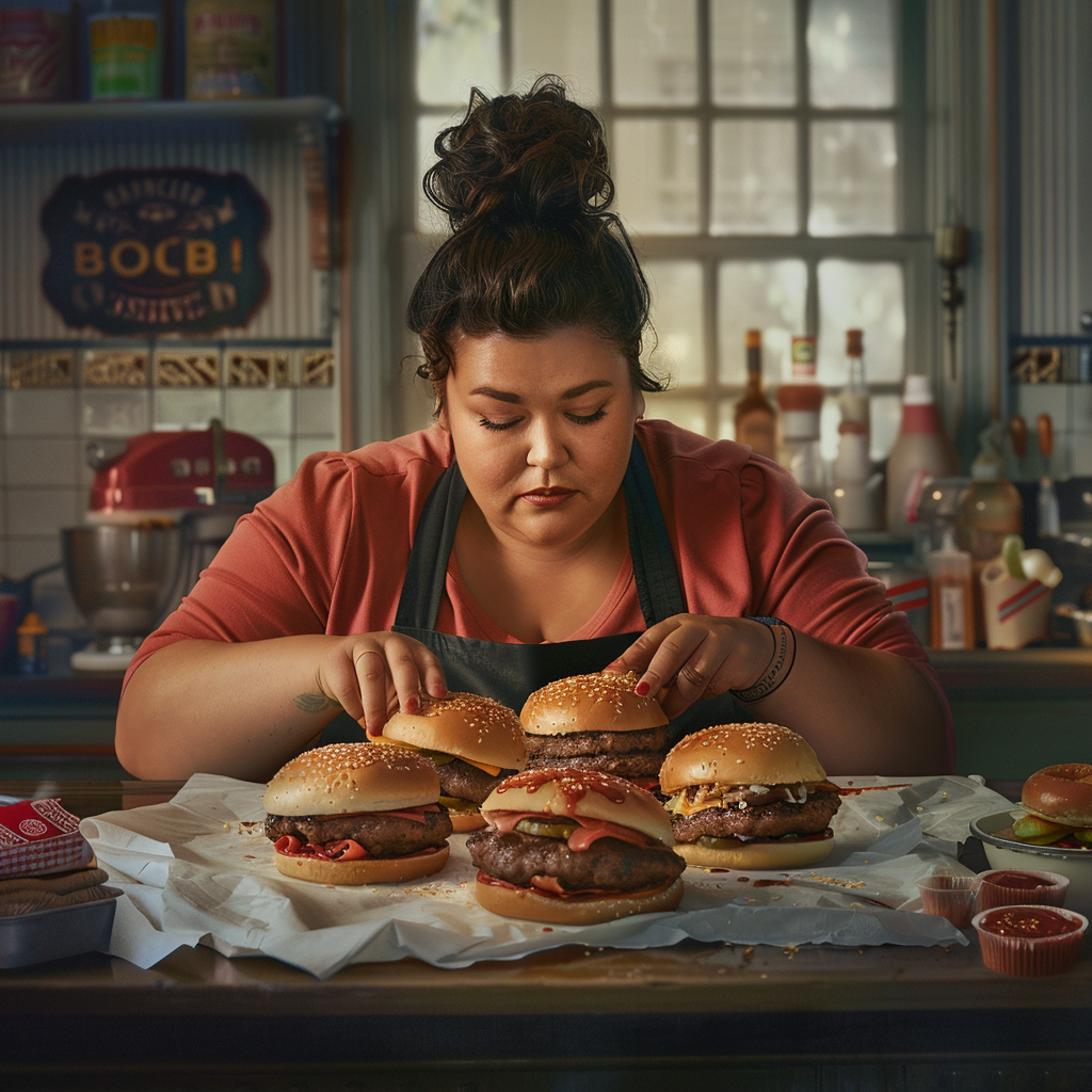 A woman in the kitchen with burgers on the table  | Source: Midjourney