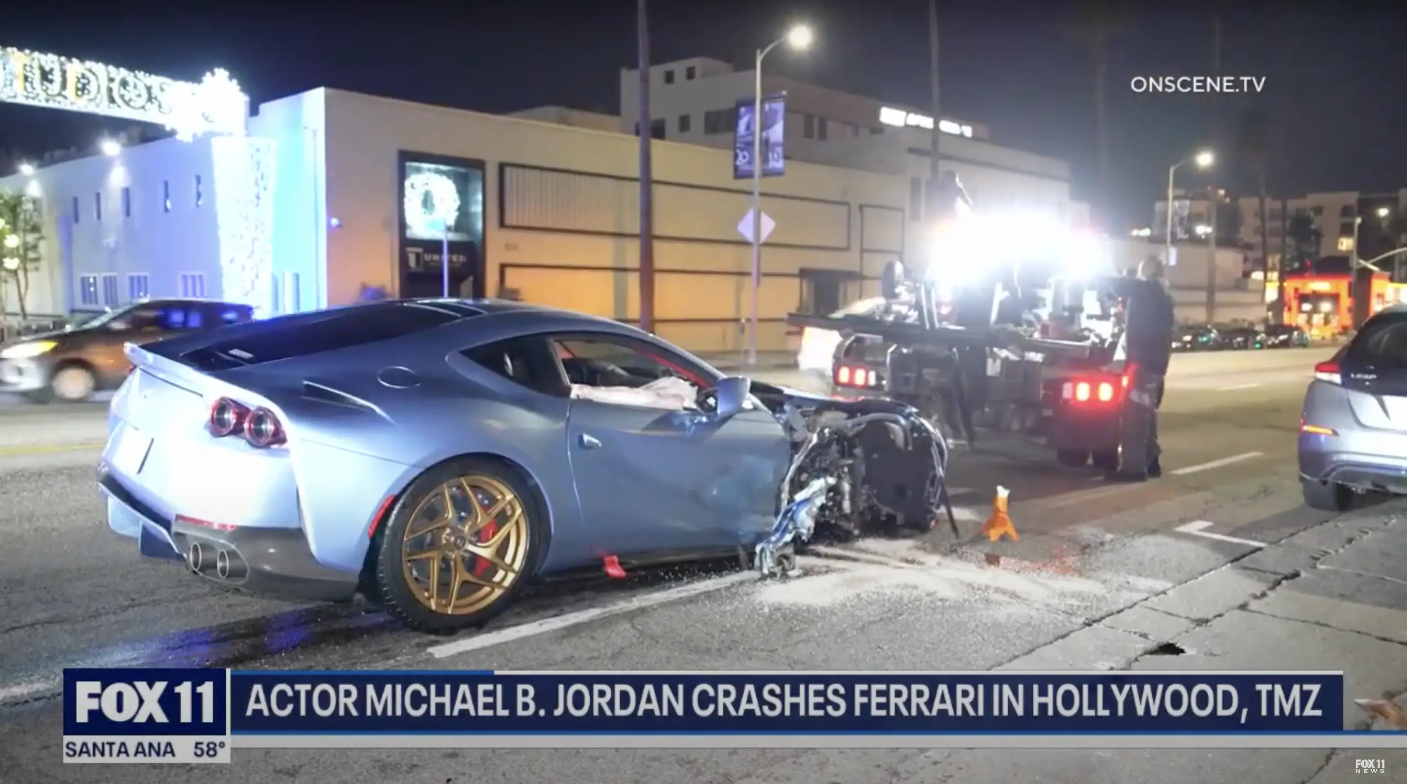 A screenshot showing Michael B. Jordan's Ferrari being towed after the car crash on December 3, 2023 | Source: Youtube.com/Fox 11 Los Angeles
