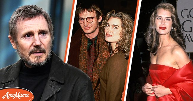 [Left] A portrait of Liam Neeson; [Center] Brooke Shields and Liam Neeson circa 1992 in New York; [Right] Brooke Shields at the Beverly Hilton Hotel in Beverly Hills, California. | Source: Getty Images