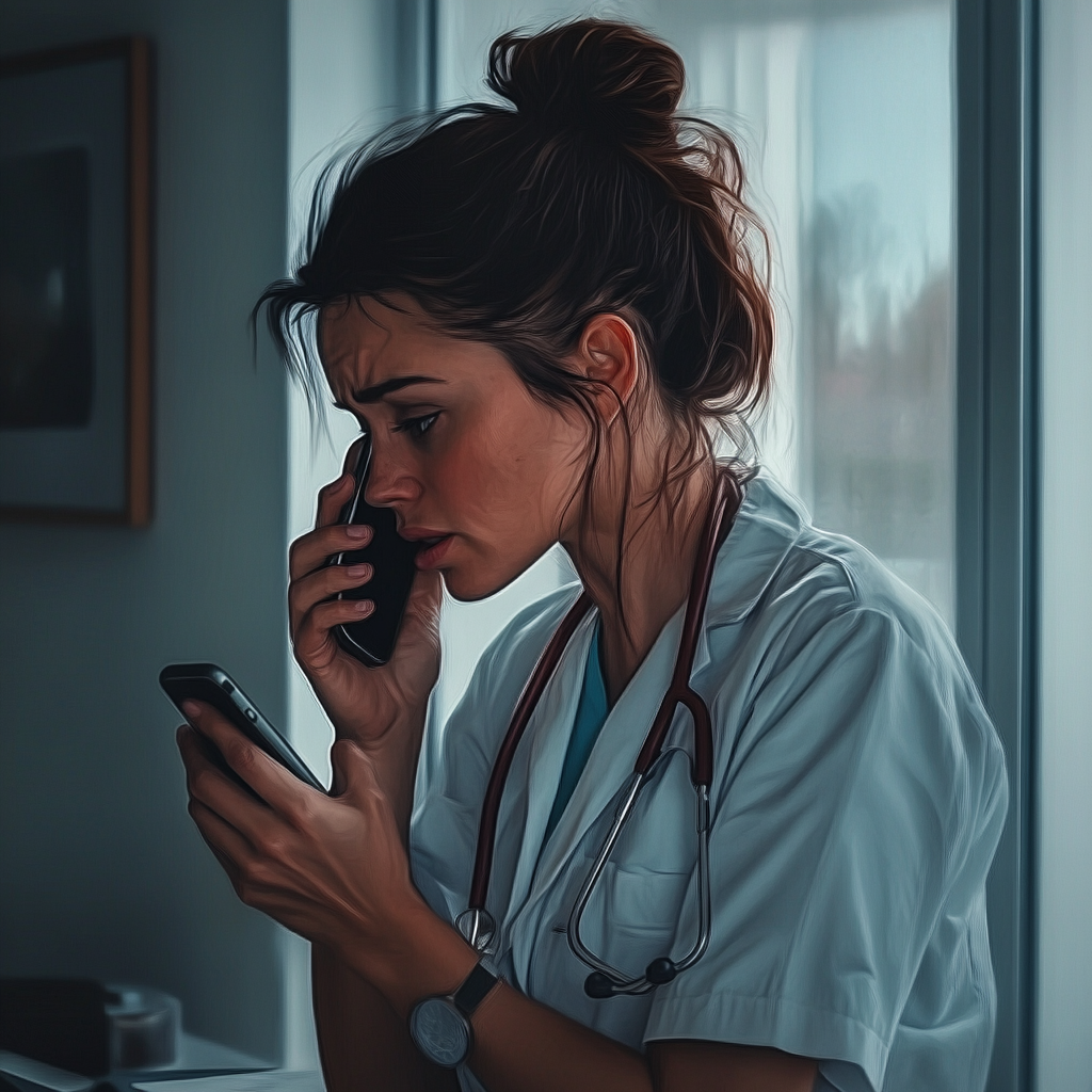 A sad doctor talking on her phone | Source: Midjourney