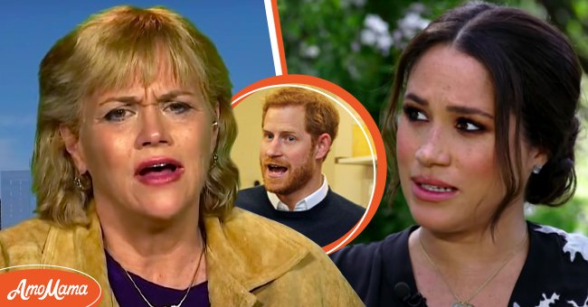 Samantha Markle on "Good Morning Britain" in 2018 [Left] Prince Harry during a visit to Social Bite, 2018, Edinburgh, Scotland. [Centre] Meghan Markle pictured on CBS interview with Oprah Winfrey, 2021 [Right]. | Photo: youtube.com/Good Morning Britain | youtube.com/CBS Mornings | Getty Images