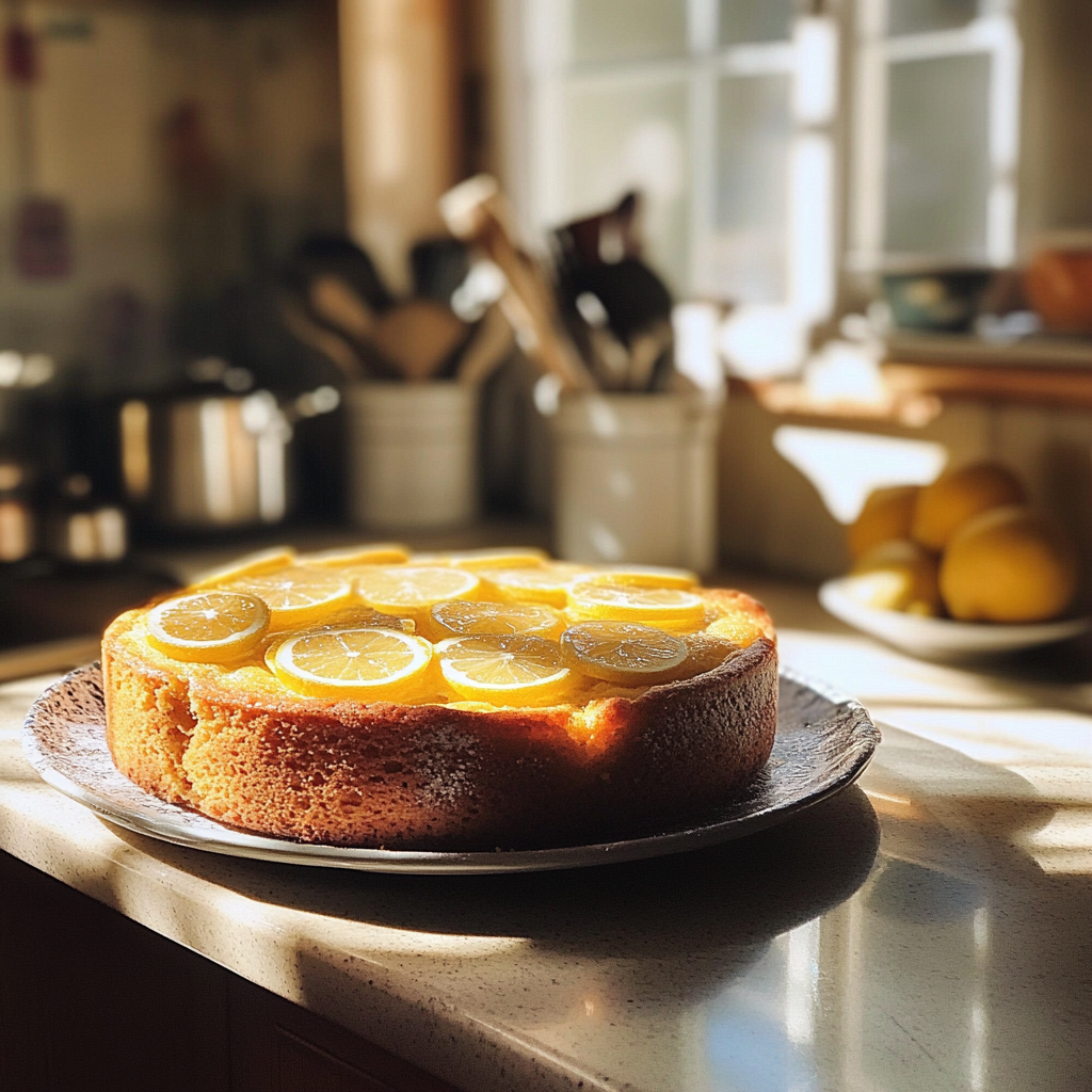 A lemon cake on a counter | Source: Midjourney