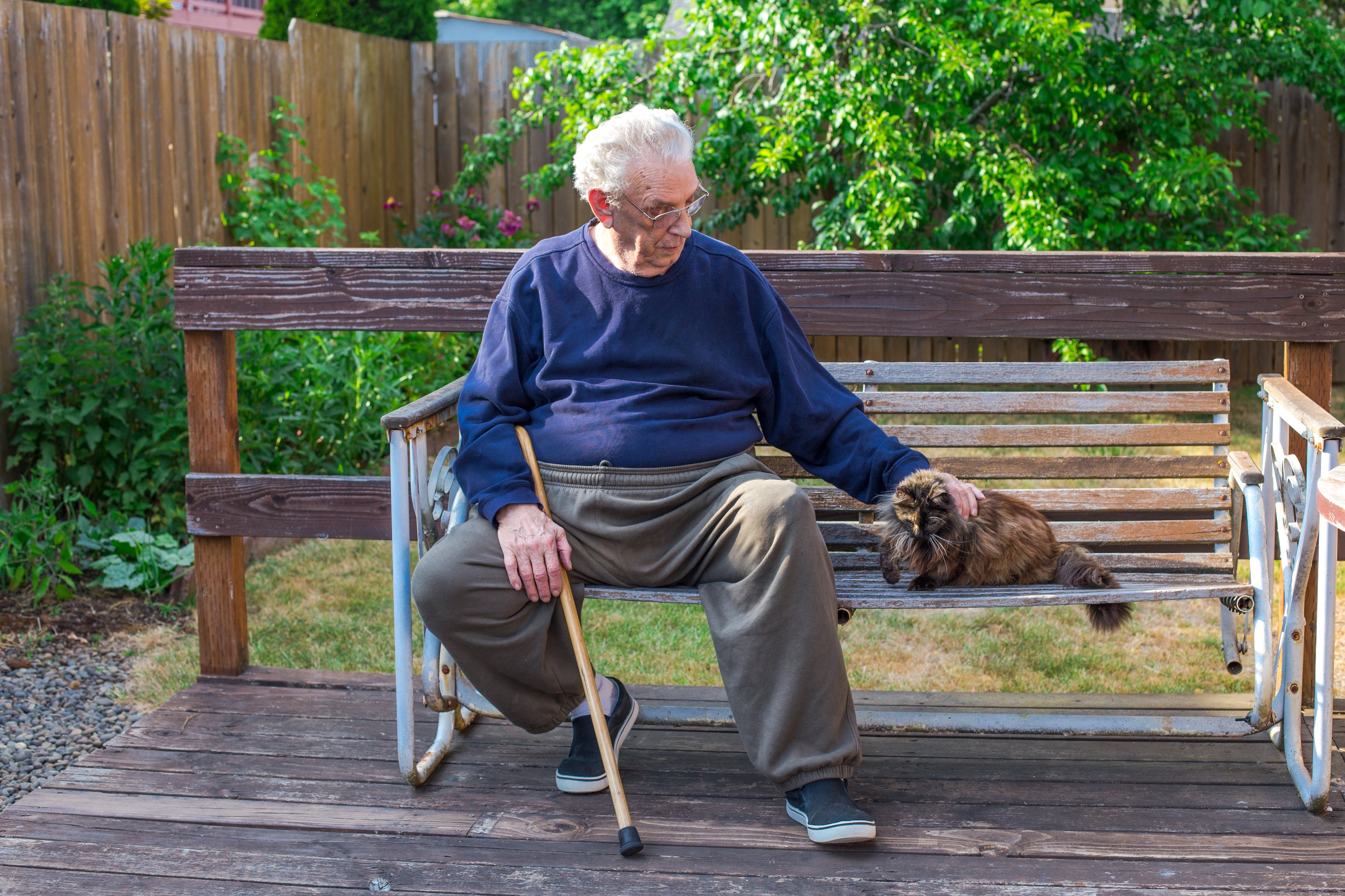 An old man sits on a bench with a cat. | Source: Shutterstock 