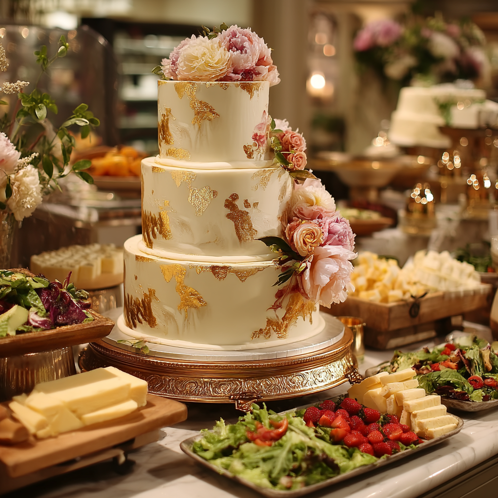 A wedding cake stored with other dishes | Source: Midjourney