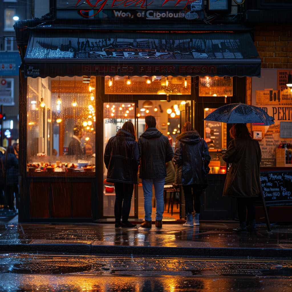 People standing outside a restaurant in pouring rain | Source: Midjourney