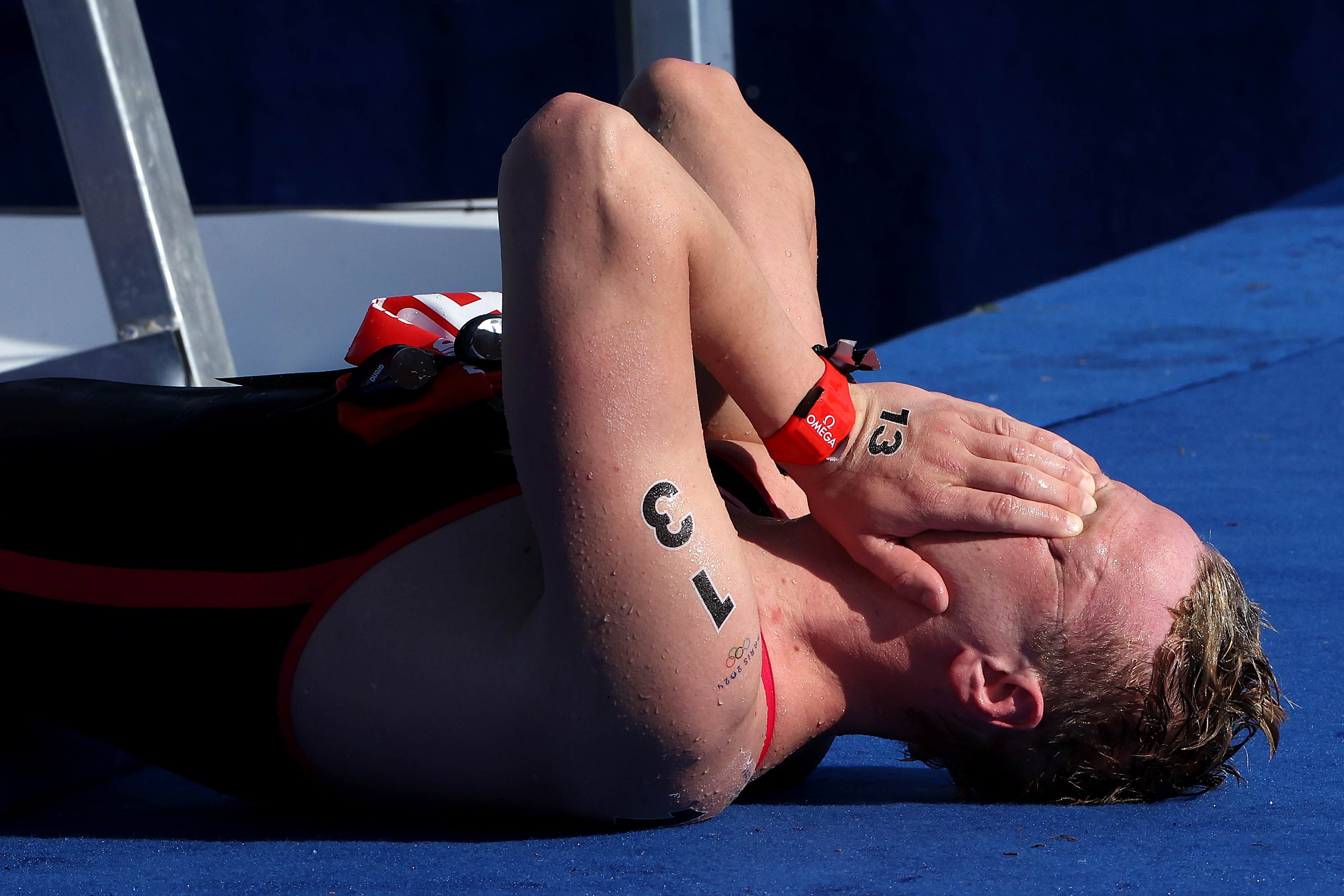 Jan Hercog reacts after competing in the Marathon Swimming Men's 10k at the Olympic Games in Paris, France, on August 9, 2024 | Source: Getty Images