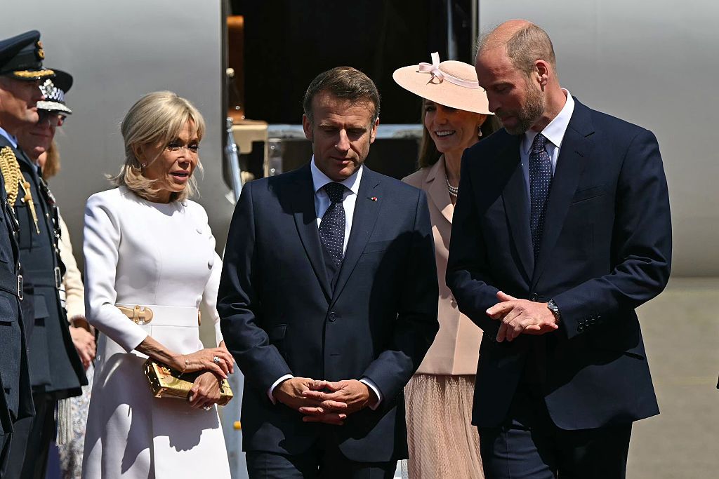 French President Emmanuel Macron and his wife, Brigitte Macron, are greeted by the Prince and Princess of Wales upon arrival at RAF Northolt ahead of their official state visit to the United Kingdom.