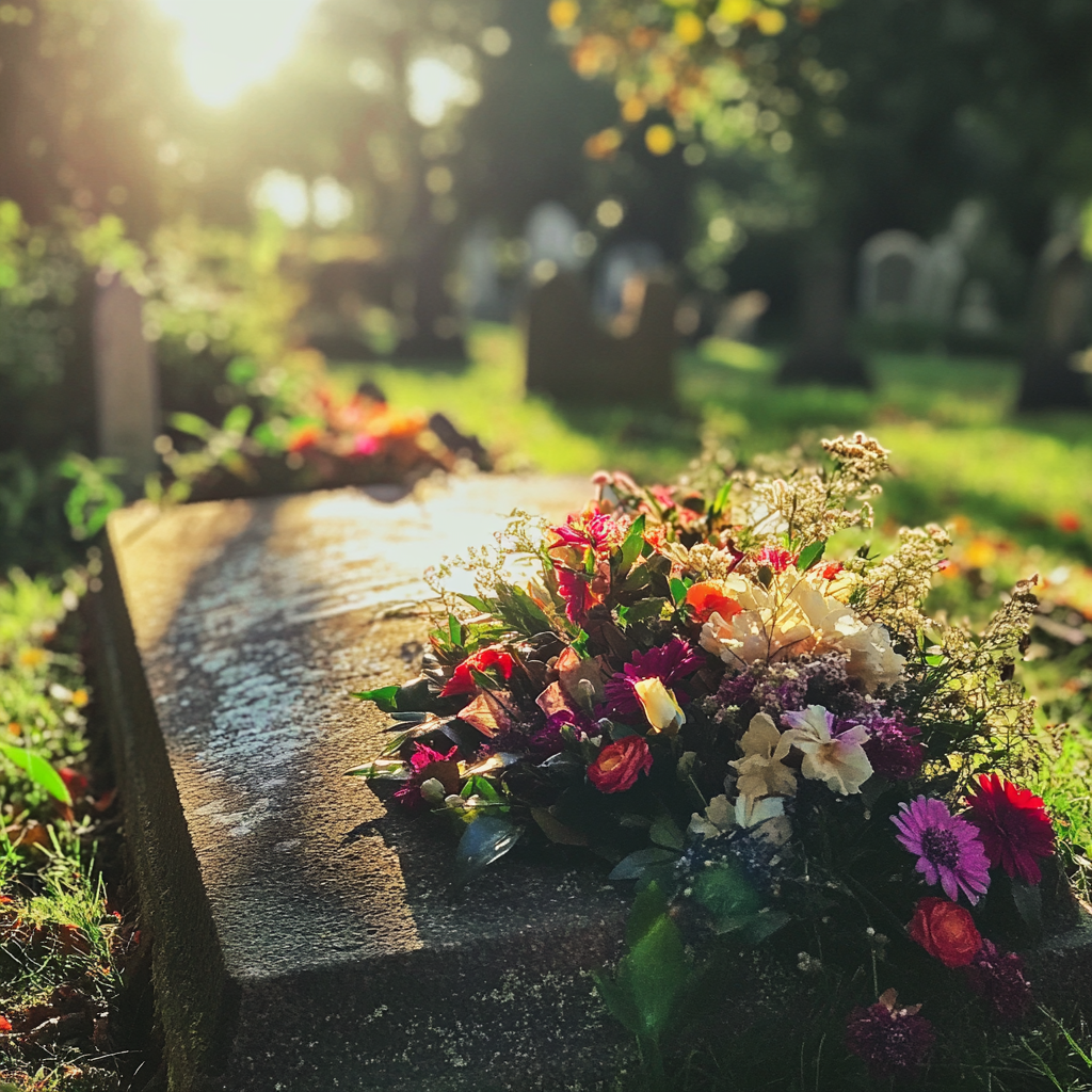 Flowers on a headstone | Source: Midjourney