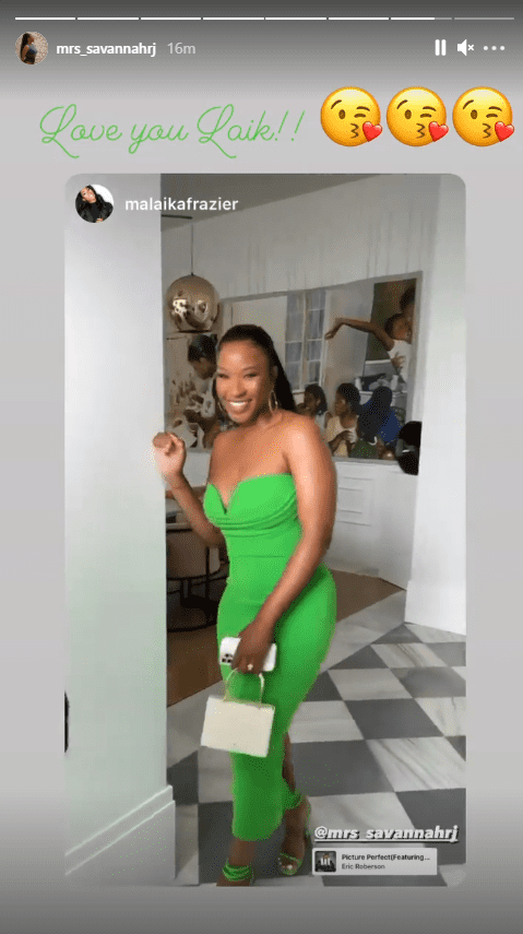 Savannah James shares a repost of Malaika Frazer's photo of her in her green dress. | Photo: Instagram/malaikafrazier