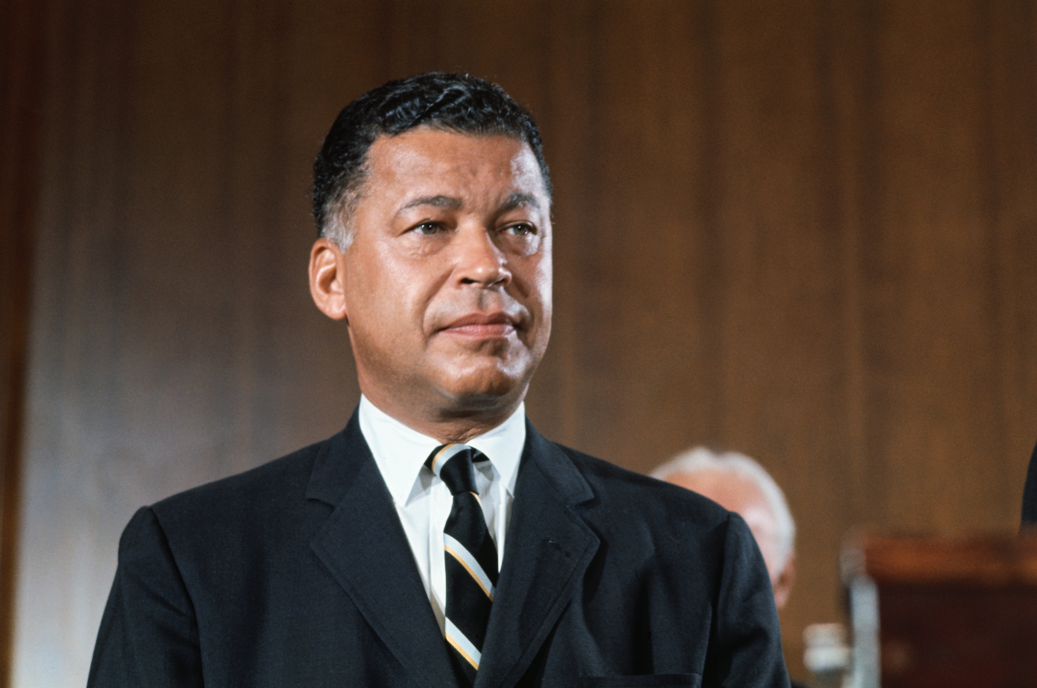 Senator Edward W. Brooke of Massachusetts closeup as a new "Rockefeller" for President committee is announced. | Source: Getty Images