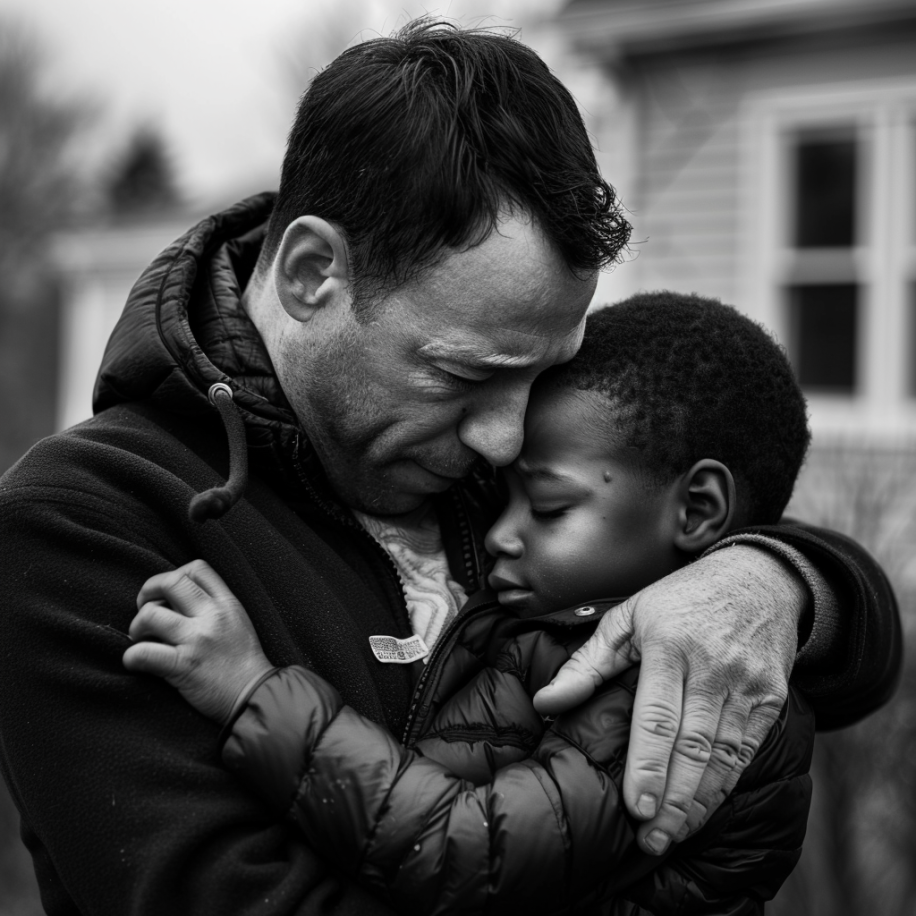 A grayscale photo of a white father comforting his sad black son | Source: Midjourney
