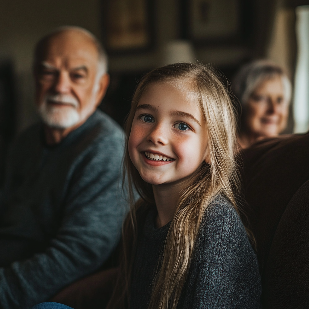 A happy girl in front of her grandparents | Source: Midjourney