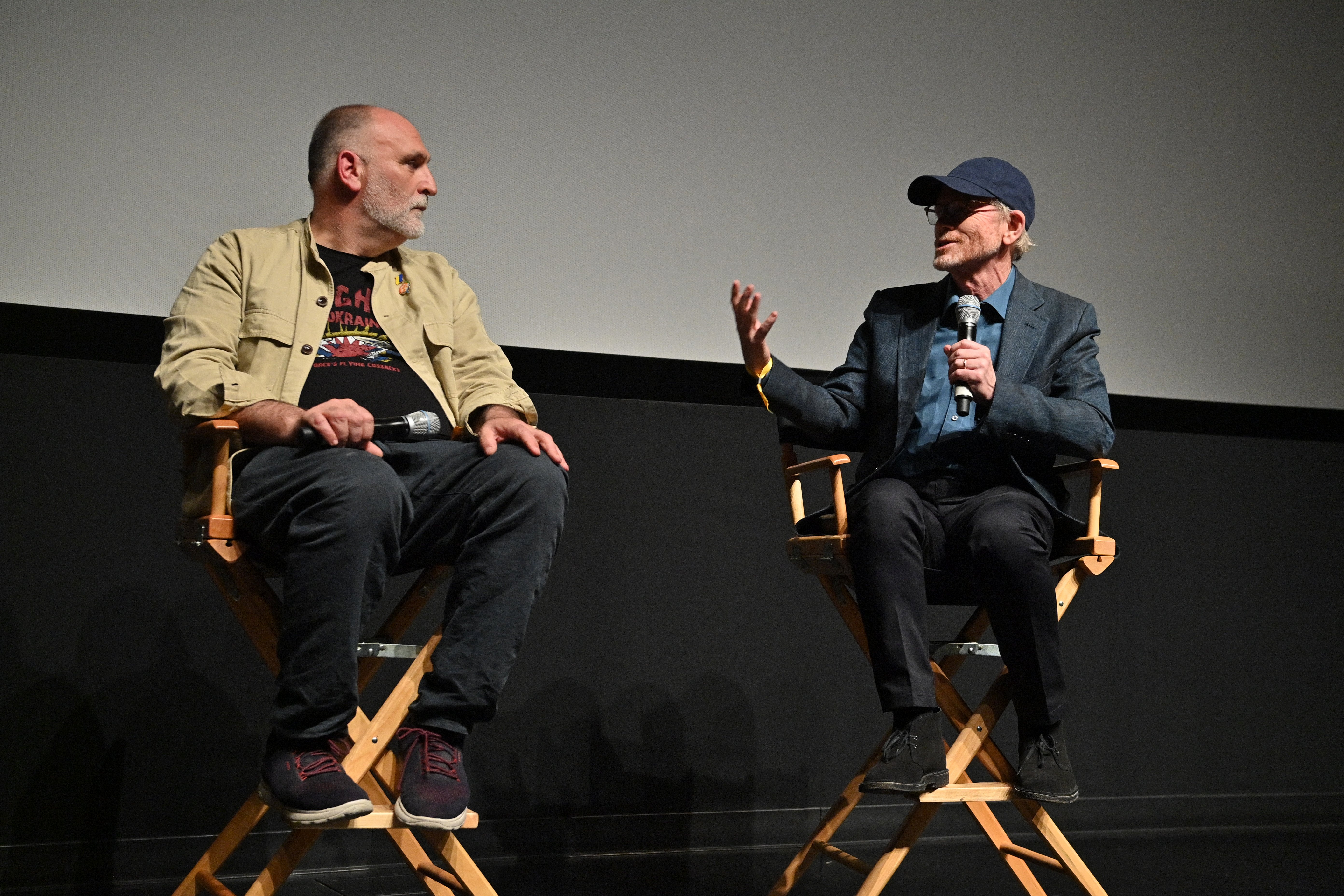 Jose Andres and Ron Howard participate in a Q&A session during National Geographic Documentary Films' WE FEED PEOPLE New York Premiere at SVA Theater on May 03, 2022 in New York City. | Source: Getty Images