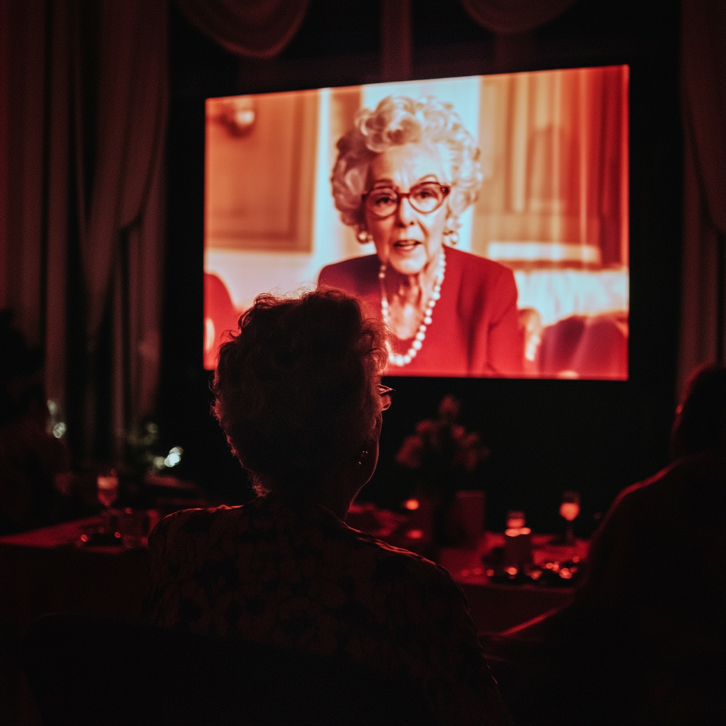 An elderly woman on the screen addressing guests at a party | Source: Midjourney