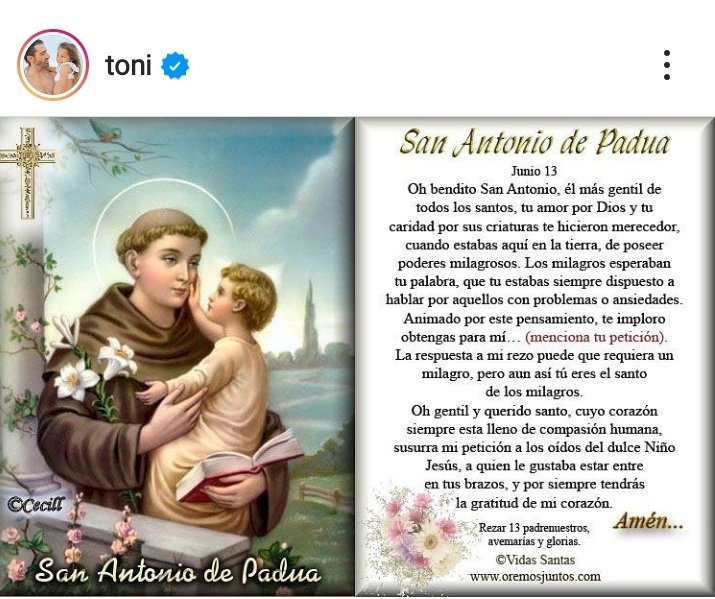 Oración a San Antonio de Padua. | Foto: Intagram/toni