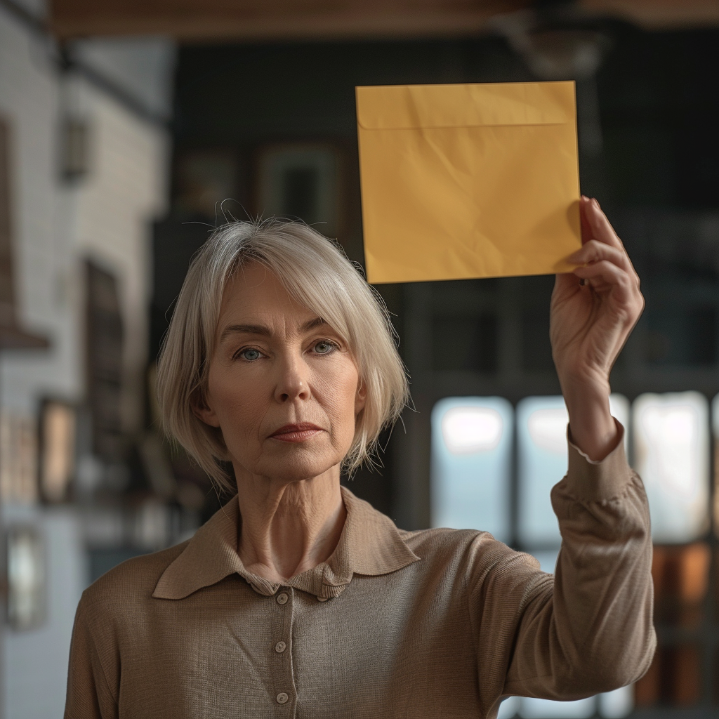 A senior woman holding an envelope | Source: Midjourney