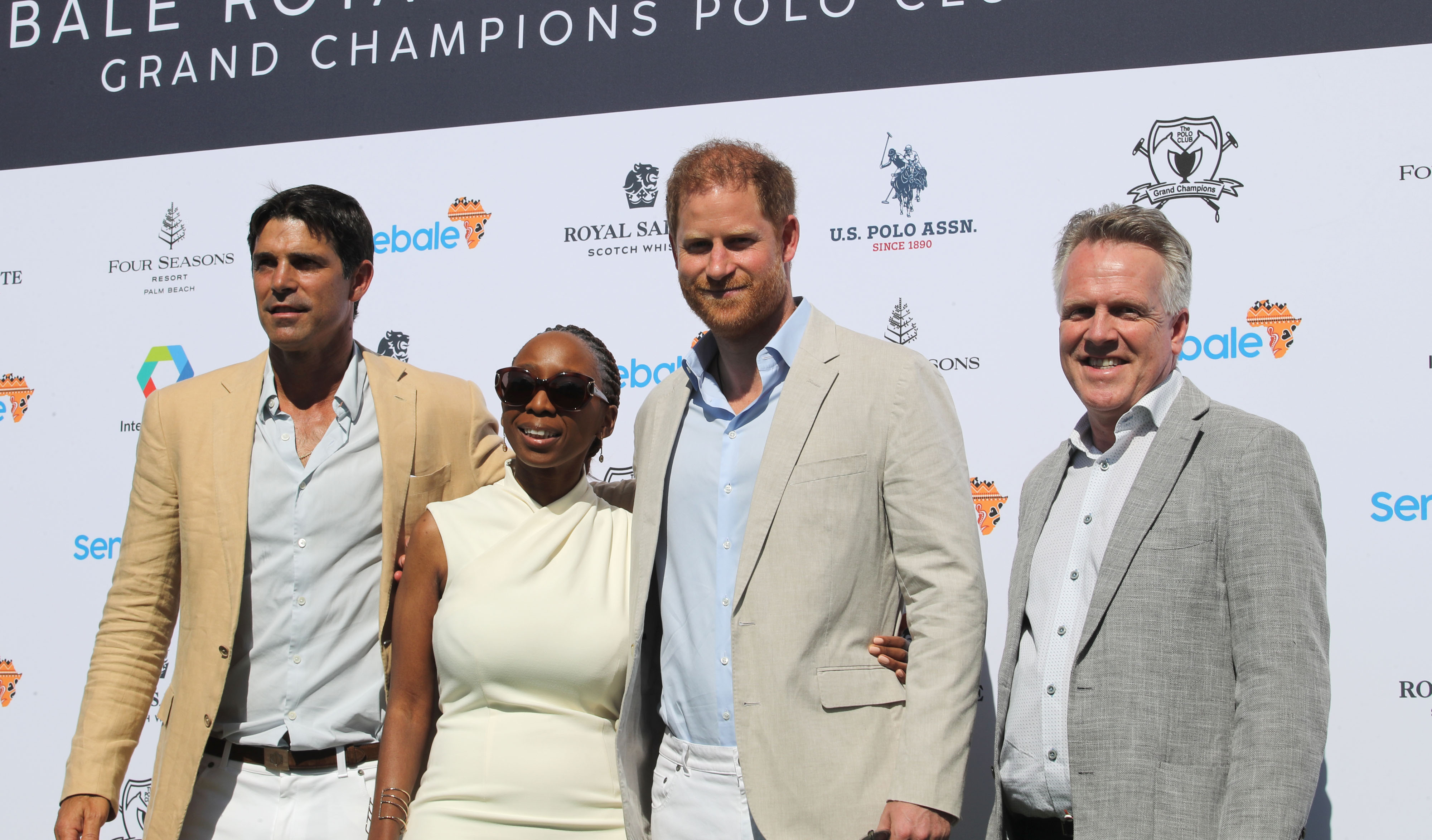 Ignacio "Nacho" Figueras, Prince Harry, The Duke of Sussex, Sophie Chandauka, and Richard Miller during the Royal Salute Polo Challenge, to benefit Sentebale, in Wellington, Florida, on April 12, 2024. | Source: Getty Images