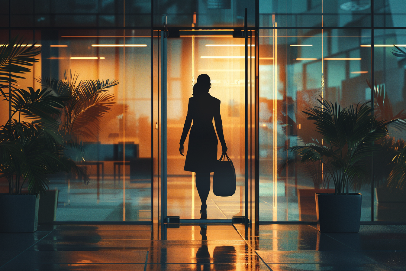 Woman with a duffel bag wallking into an office | Source: Midjourney