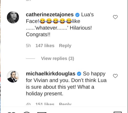 Michael Douglas and Catherine Zeta-Jones comment on Cameron Douglas' birth announcement on December 22, 2020 | Photo: Instagram/cameronmorrelldouglas