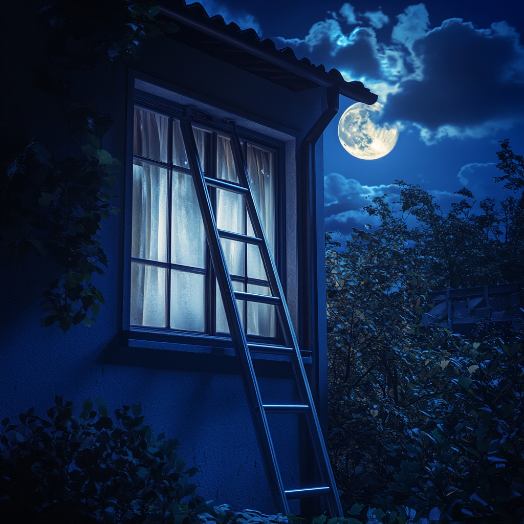 Night shot of a ladder outside a window | Source: Midjourney