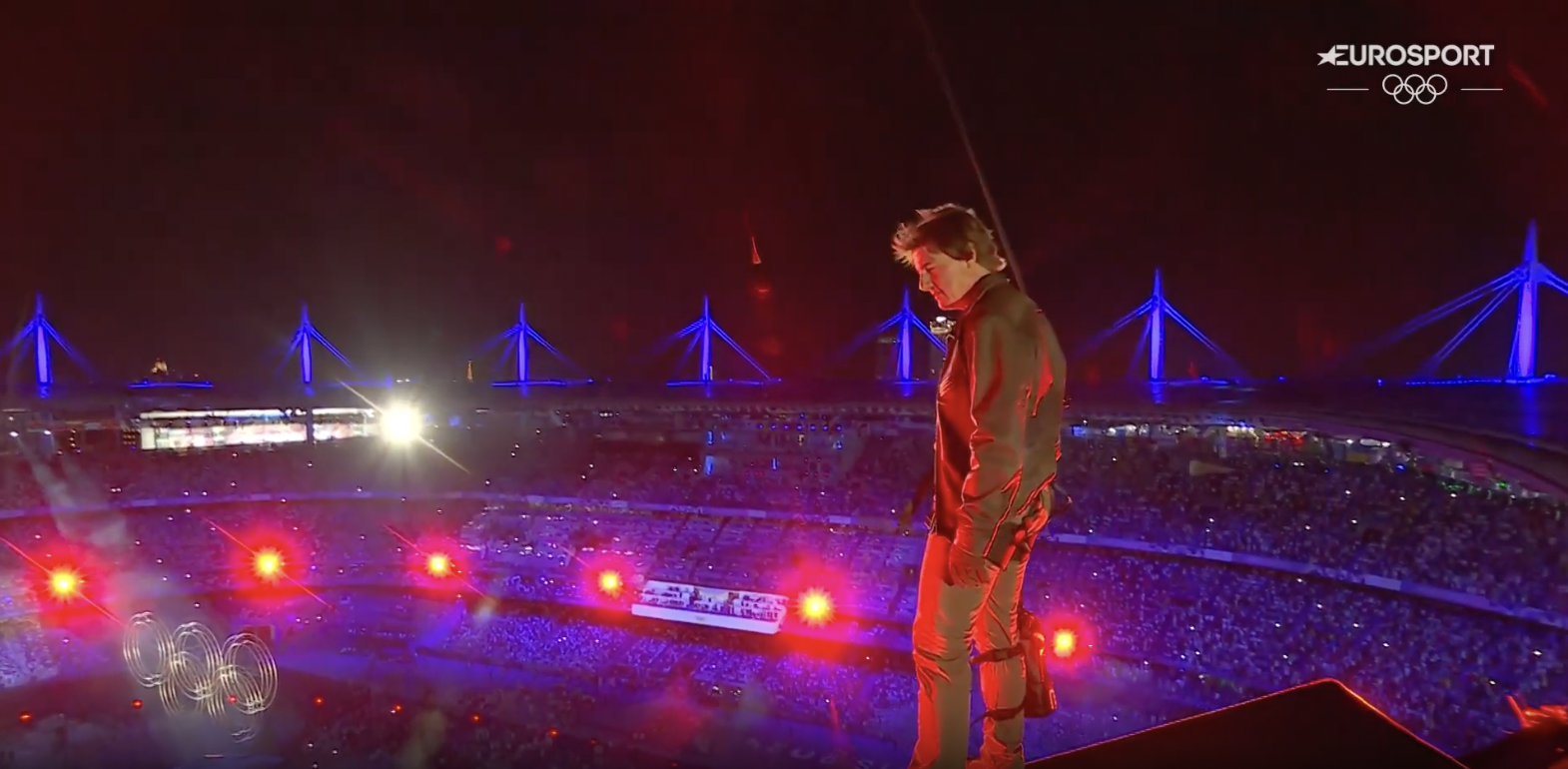 Tom Cruise gearing up to leap of the stadium's roof during the closing ceremony of the Paris Olympics, posted on August 12, 2024 | Source: YouTube/Eurosport