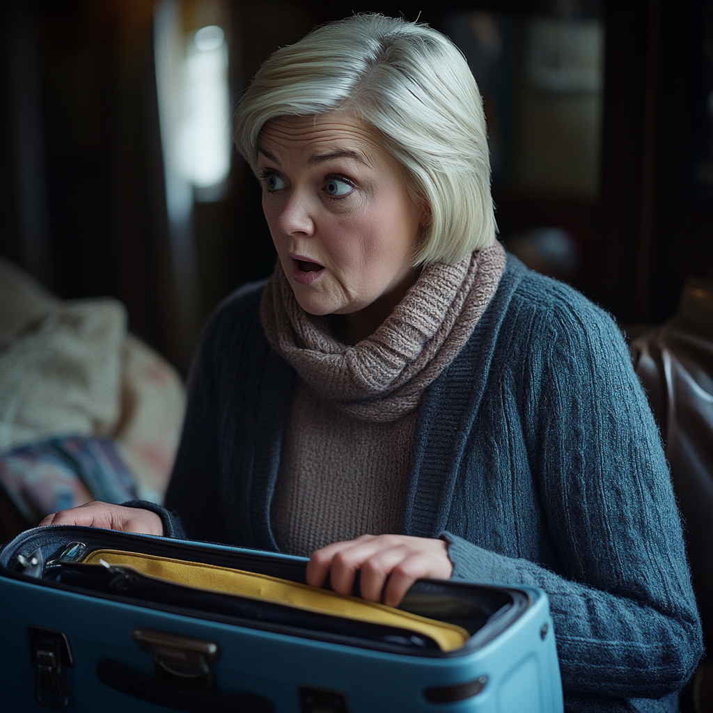 A shocked older woman rummaging through a blue bag | Source: Midjourney