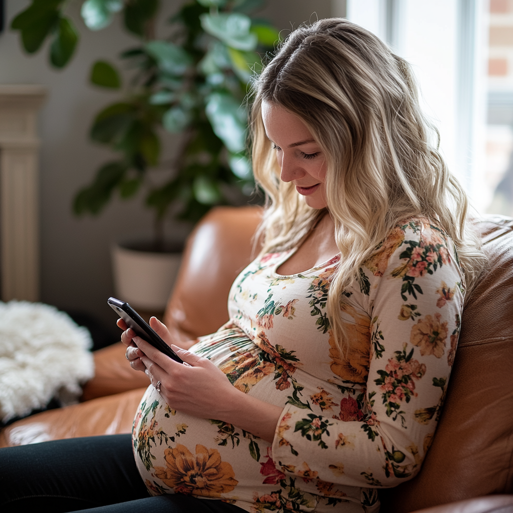 A pregnant woman on her phone | Source: Midjourney