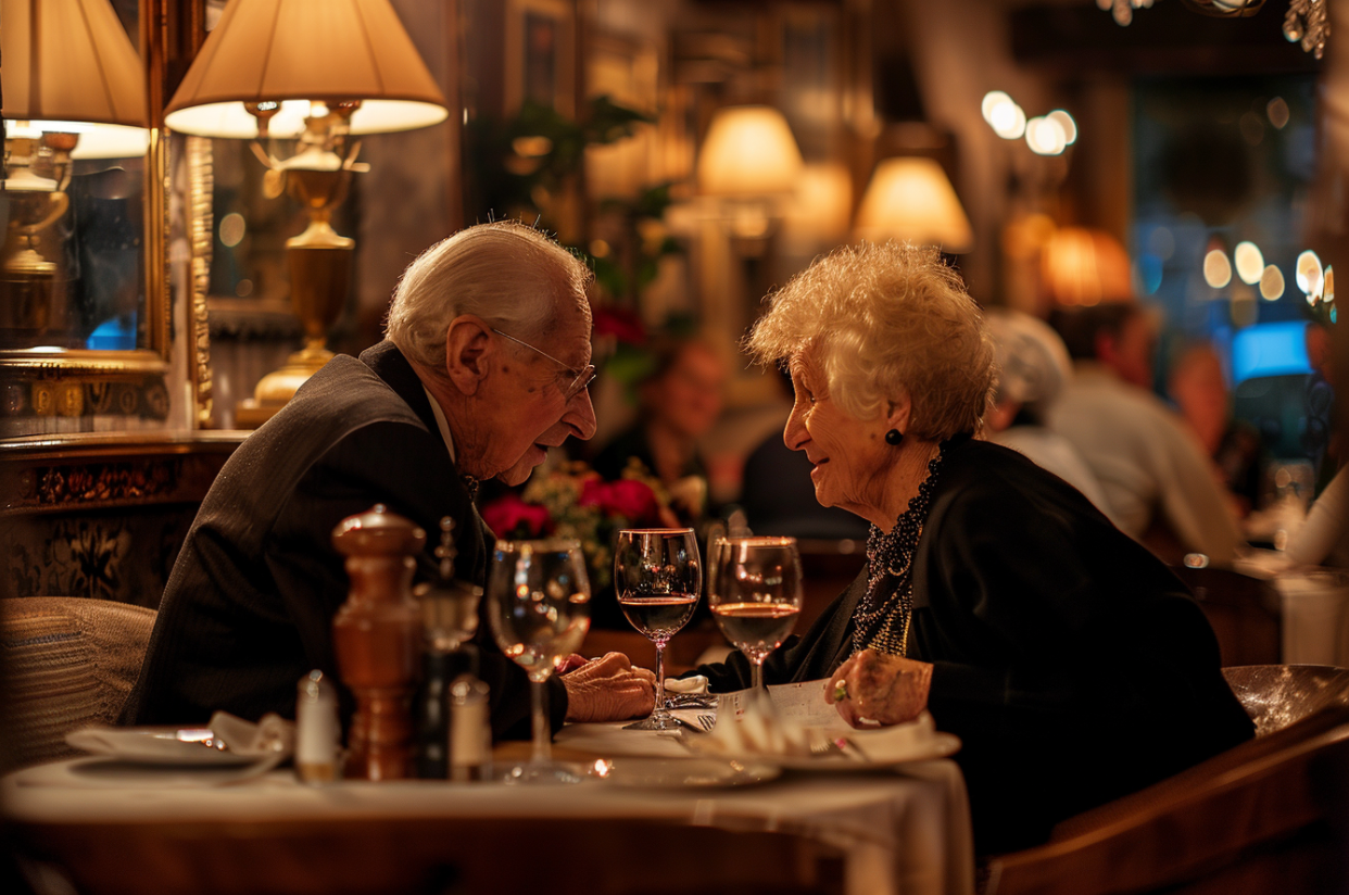 An elderly couple eating dinner in a restaurant | Source: MidJourney