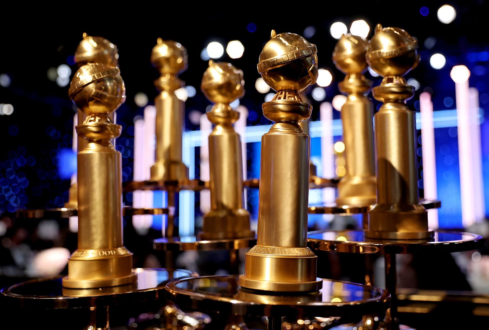 Golden Globe trophies from the 79th Annual Golden Globe Awards on January 9, 2022, in Beverly Hills, California. | Source: Getty Images