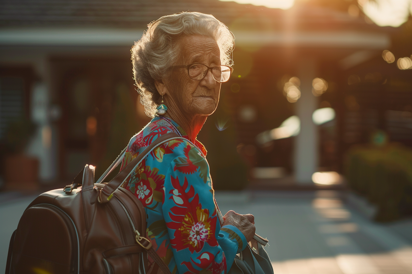 A mature woman wearing a backpack | Source: Midjourney