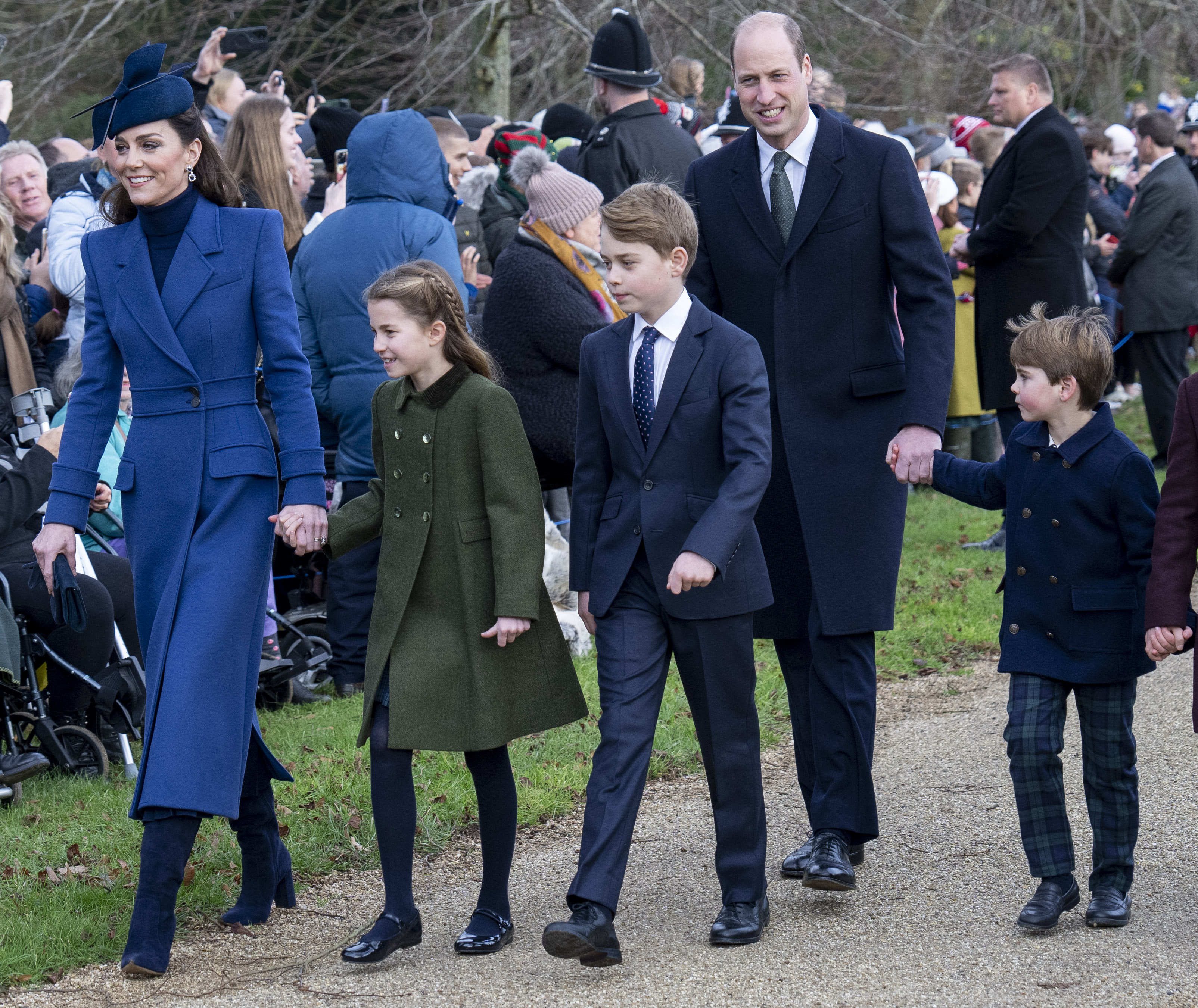 Princess Catherine and Prince William with their children, Prince George, Princess Charlotte, and Prince Louis at the Christmas Day service at St Mary Magdalene Church on December 25, 2023 in Sandringham, Norfolk | Source: Getty Images