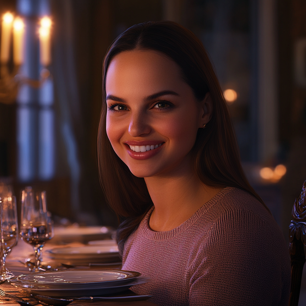 A cheerful young woman smiling in a grand dining room | Source: Midjourney