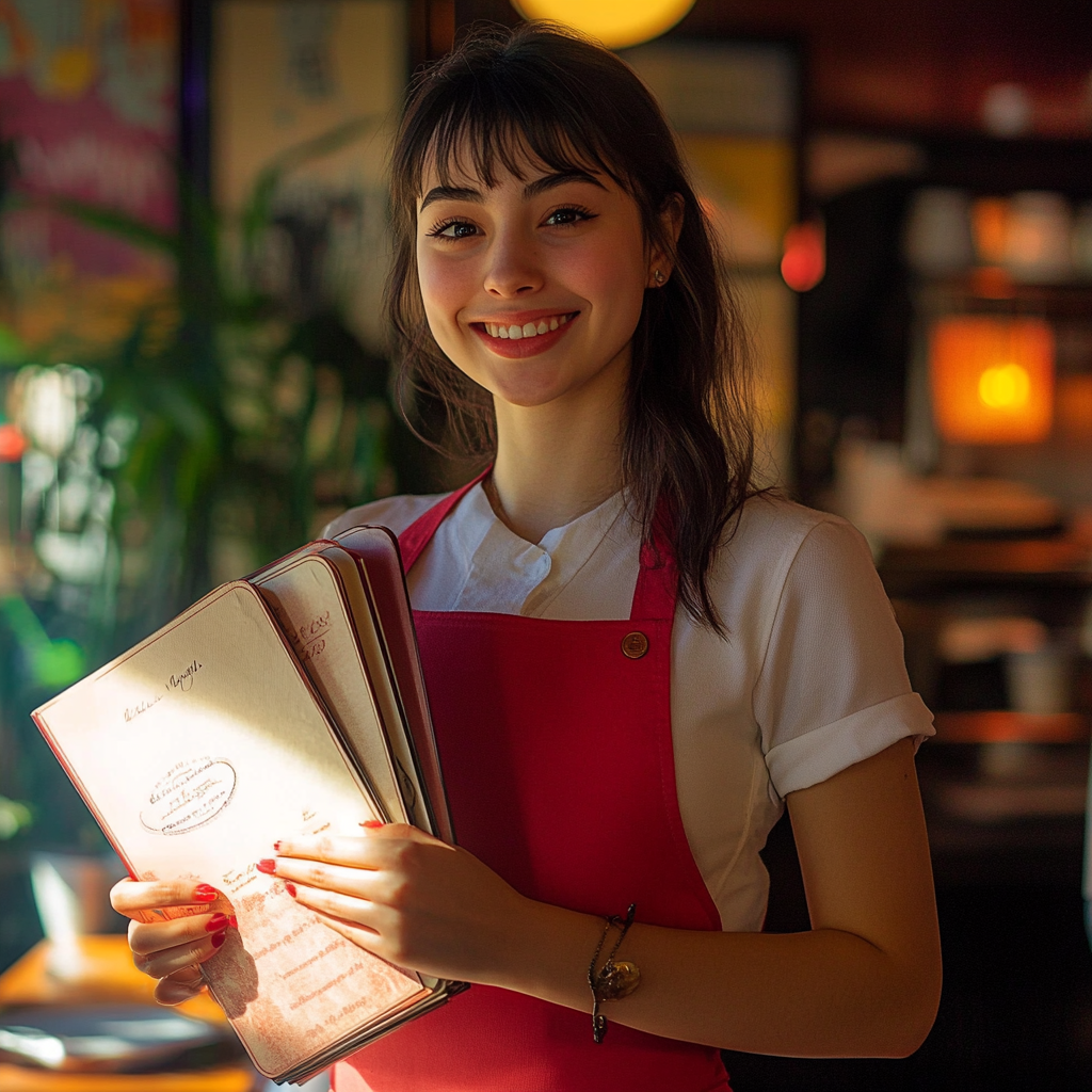 A smiling waitress holding menus | Source: Midjourney