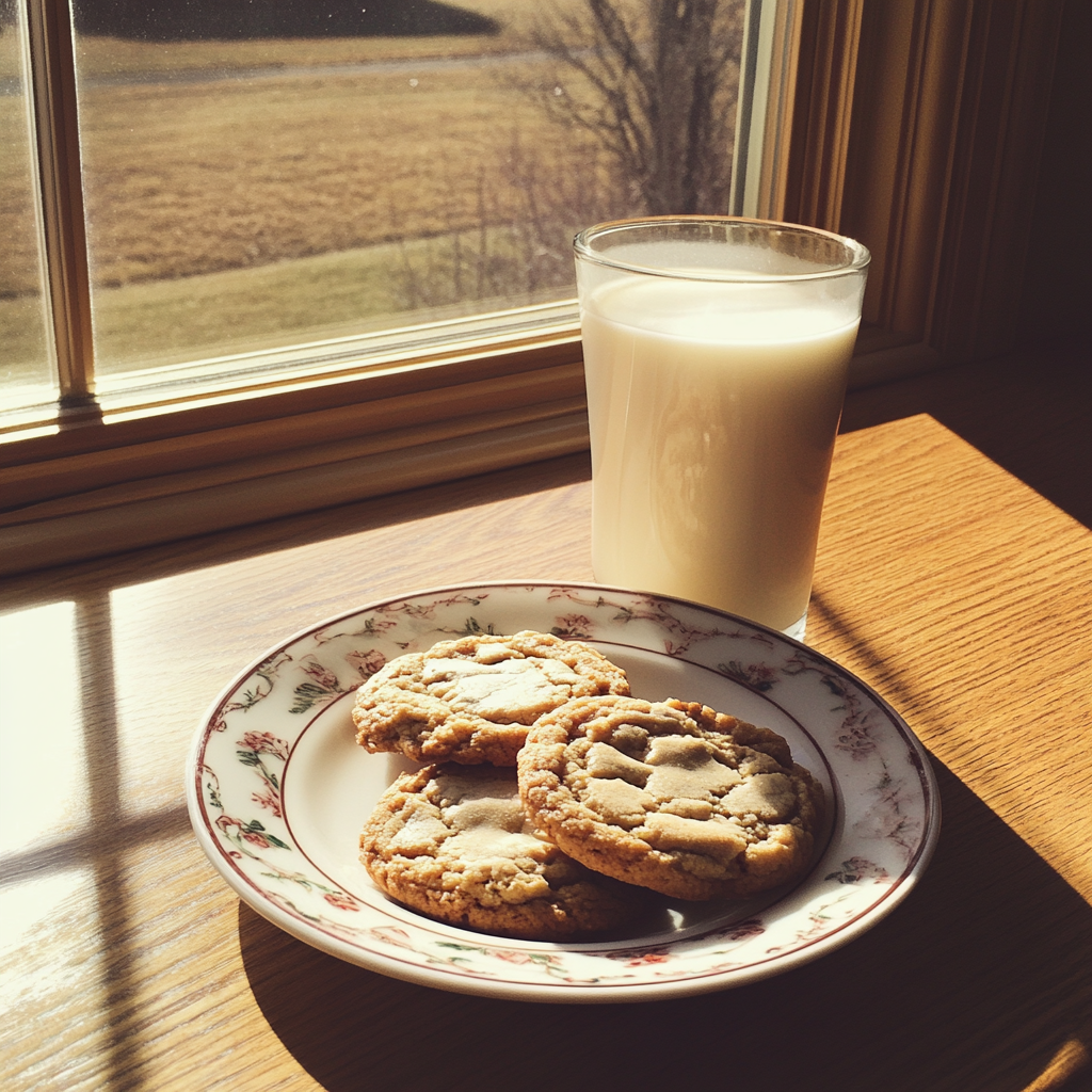 A glass of milk and a plate of cookies | Source: Midjourney